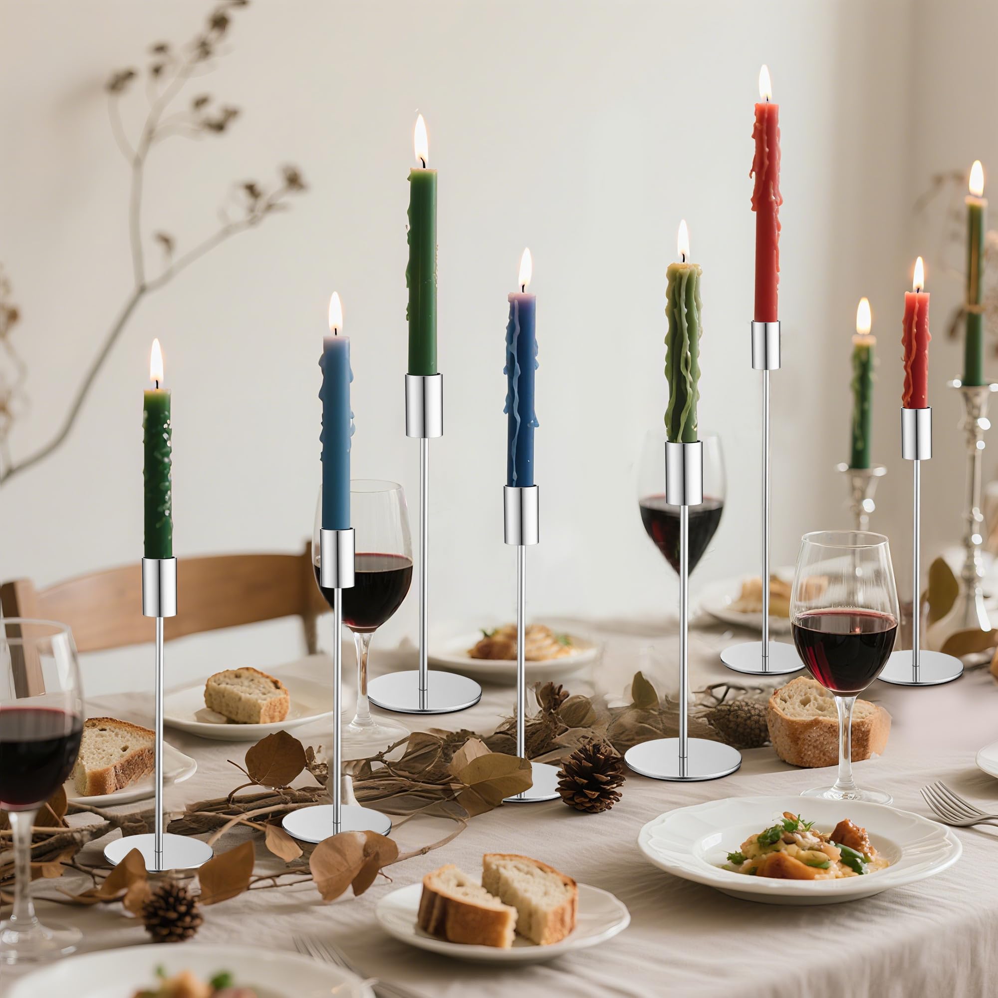 Candelabro in metallo a 6 pezzi, tre altezze 33/28/23 cm. Elegante decorazione elegante Portacandele per matrimoni, feste, compleanni, decorazioni da tavolo (Argento)