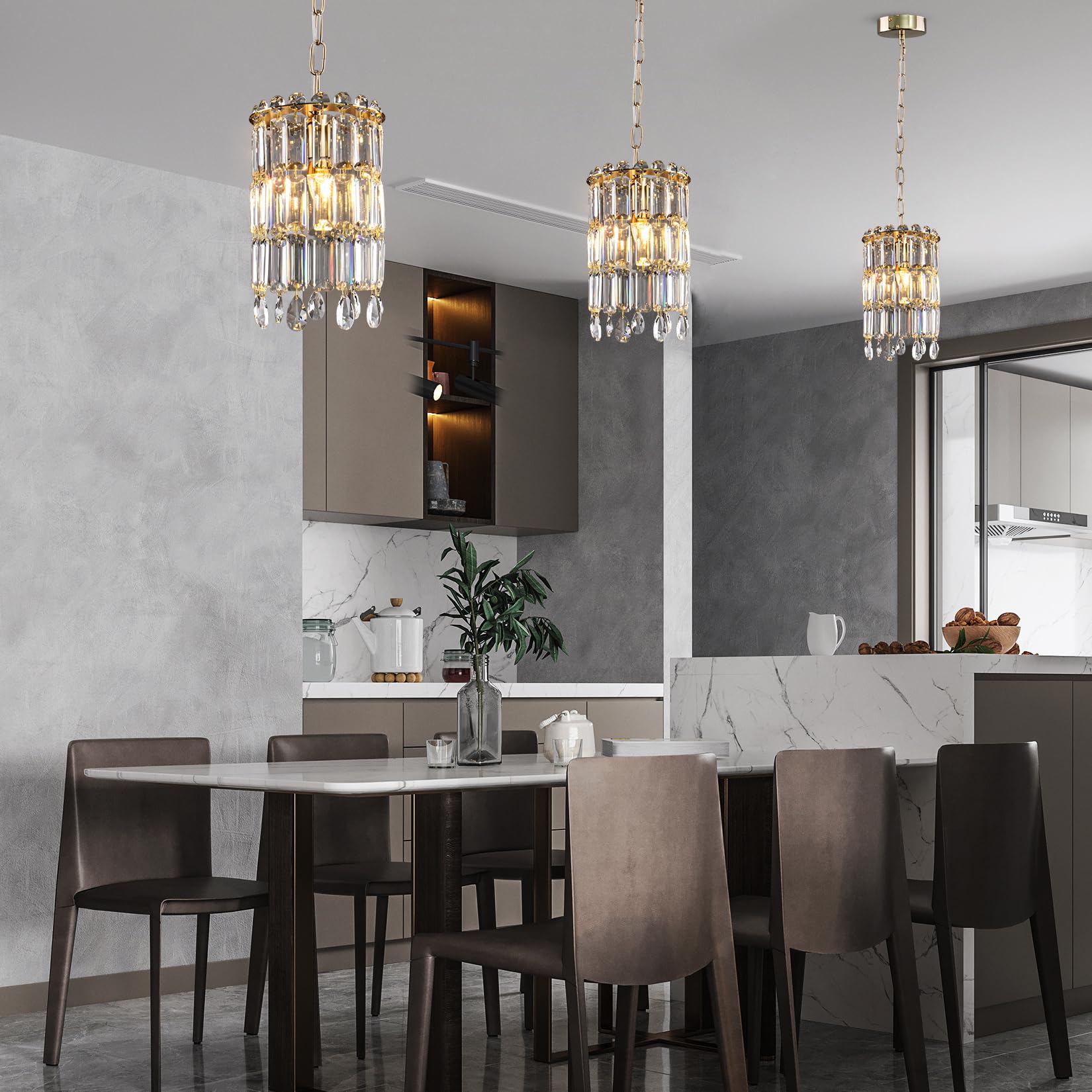 Gold Crystal Pendant Light Fixtures 8'' modern Crystal Chandelier Dining Room Light Fixture semi Flush Mount chandeliers Metal Hanging Lamp for Kitchen Island Living Room Bedroom Dining Room Foyer