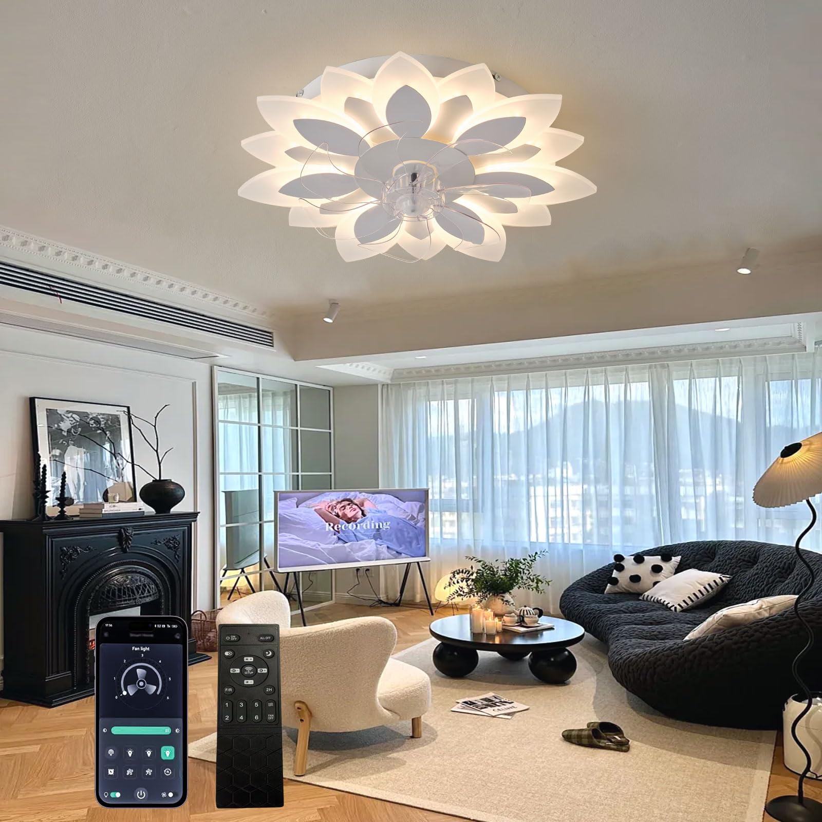 HXYSXHJUO Living Room Ceiling Fan with Light, Embedded Art Flower Design, 6 Speeds and 3000K-6500K, Dimmable, Modern Bedroom Reversible DC Motor, Remote Control