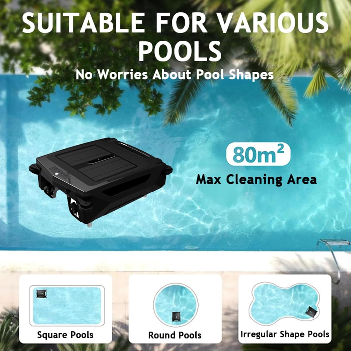 Limpiador robótico inalámbrico para piscinas: Skimmer alimentado por energía solar con doble velocidad, limpieza diurna y nocturna, evita obstáculos inteligente para limpieza automática