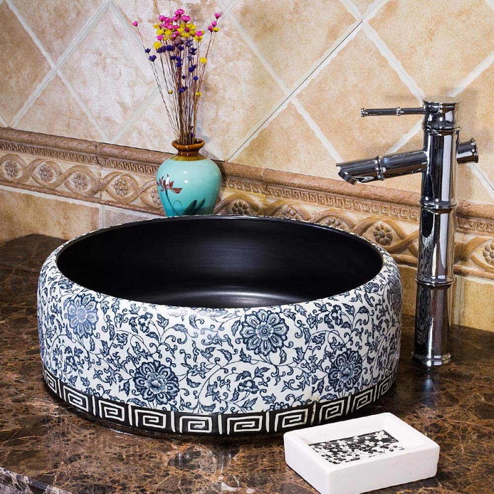 Umywalka Łazienkowa Nablatowa, Niebiesko-Biała Ceramiczna Umywalka Łazienkowa, Porcelanowa Umywalka Ceramiczna Nablatowa Ceramiczna Umywalka Łazienkowa