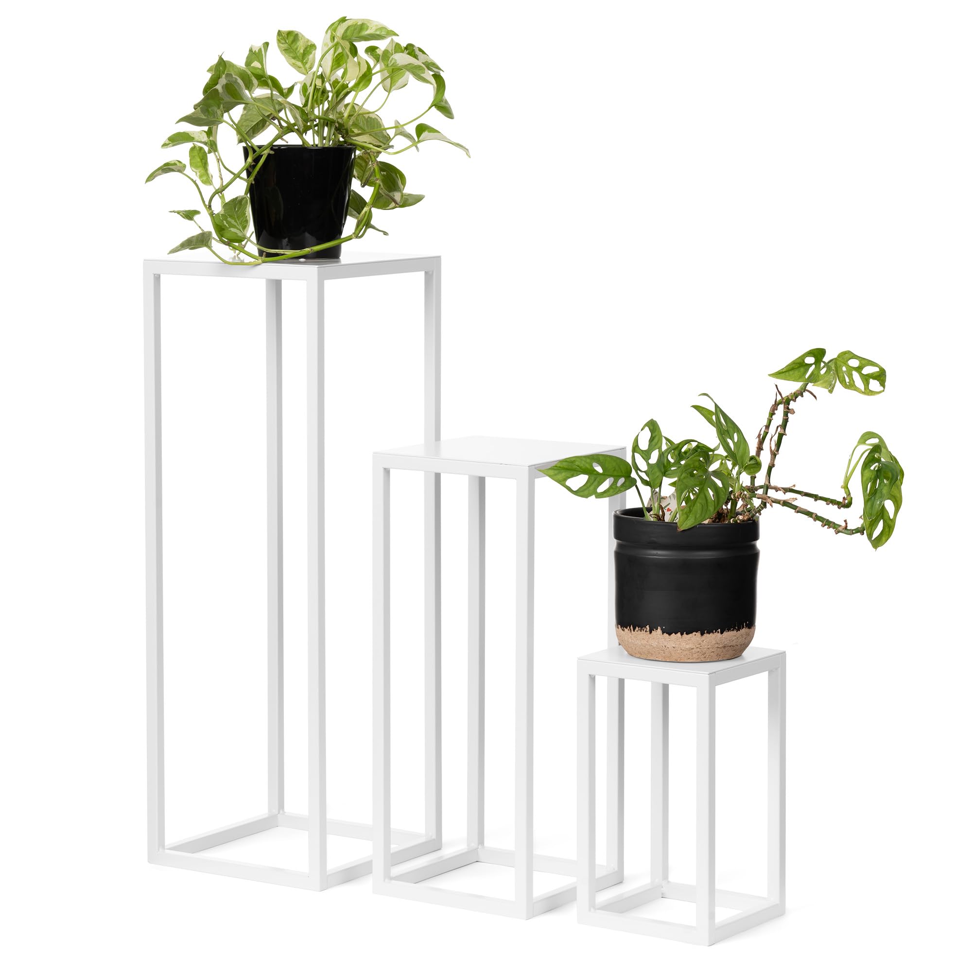 LAMO Manufaktur Juego de 3 soportes para plantas 28/48/68 cm - Estantes blancos de metal | Soportes macetas interior, estanterías para plantas | Pedestales decorativos de esculturas, decoración