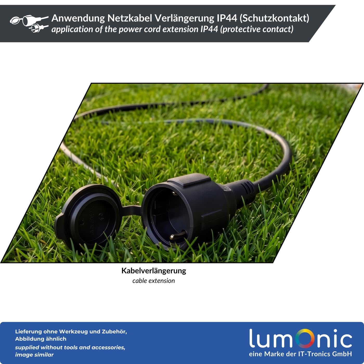 Lumonic Cable alargador Schuko IP44 de goma, negro, 50 m, 230 V - Revestimiento flexible de goma, para jardín y taller, protegido contra salpicaduras según la norma IP44, toma con tapa protectora y se