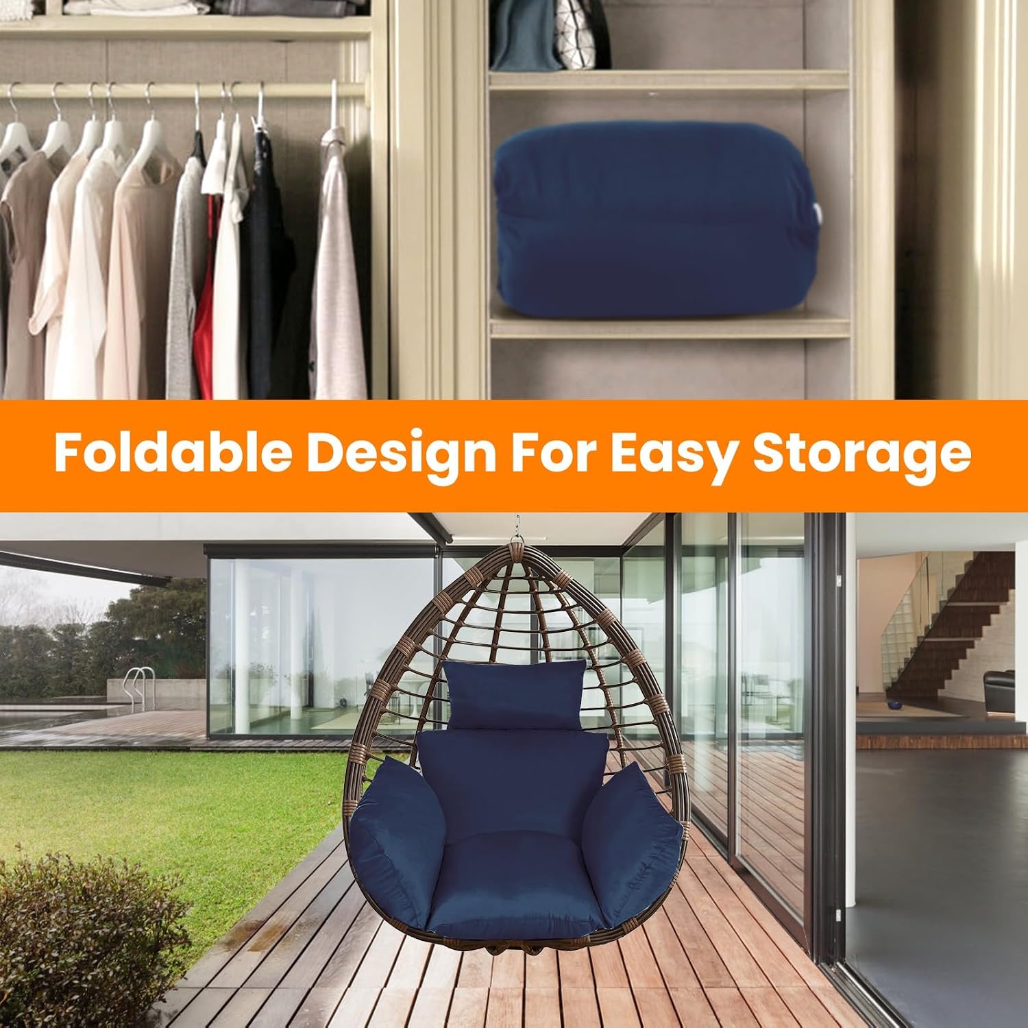 Egg Chair Cushion, Hanging Basket Hammock Seat Cushion, Thick Soft Egg Swing Chair Pad with Headrest for Patio Porch Furniture Outdoor