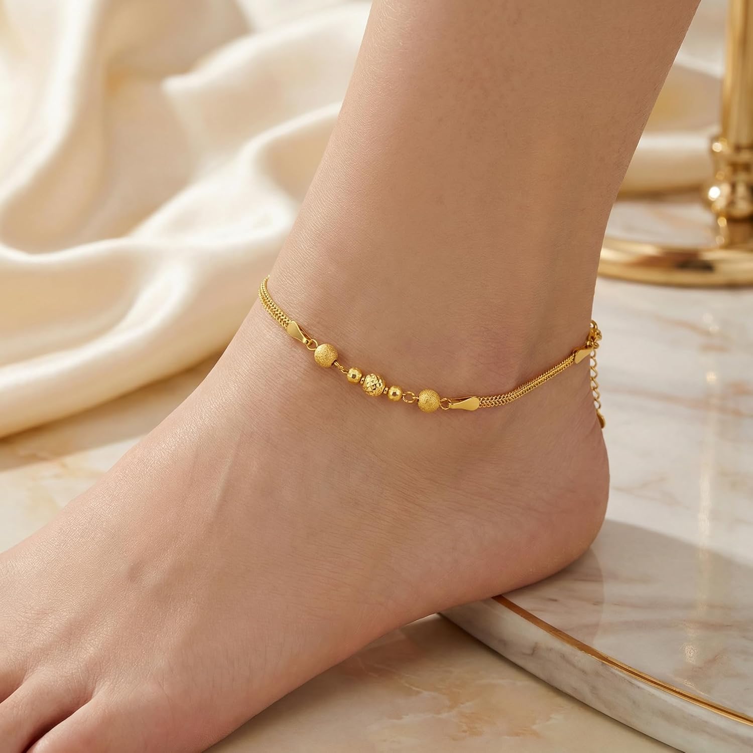 SISGEM Solid 18k Yellow Gold Bead Bracelet and Anklets for Women, Real 18 Karat Gold Fine Ankle Bracelet Jewelry for Her (2.3 mm Wide Chain, 8.6-10.2 Inch) - Image 2
