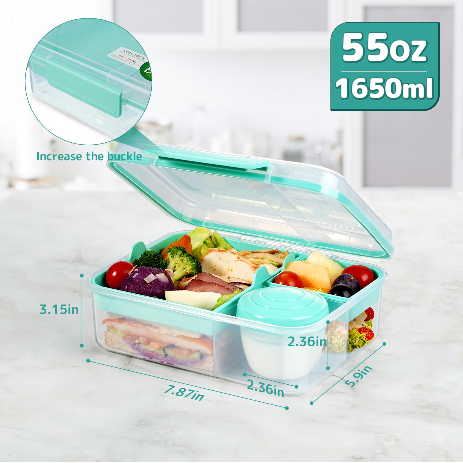Recipientes reutilizables para preparación de comidas, caja bento para adultos, lonchera Bento con 2 bandejas extraíbles y recipiente para aderezo de ensalada, tamaño de 56 onzas/1.65 L (verde
