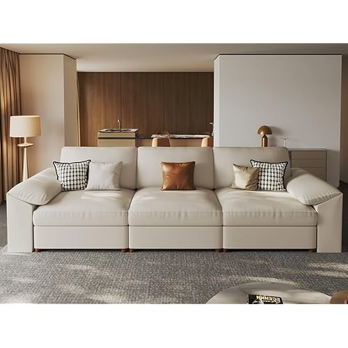 EASE MOOSE 3 Seater Deep Seat Sectional Sofa,Scratch Resistant Faux Leather Material, Oversized Modular Couch for Living Room,Modern Comfy Sofas for Small Spaces, Beige