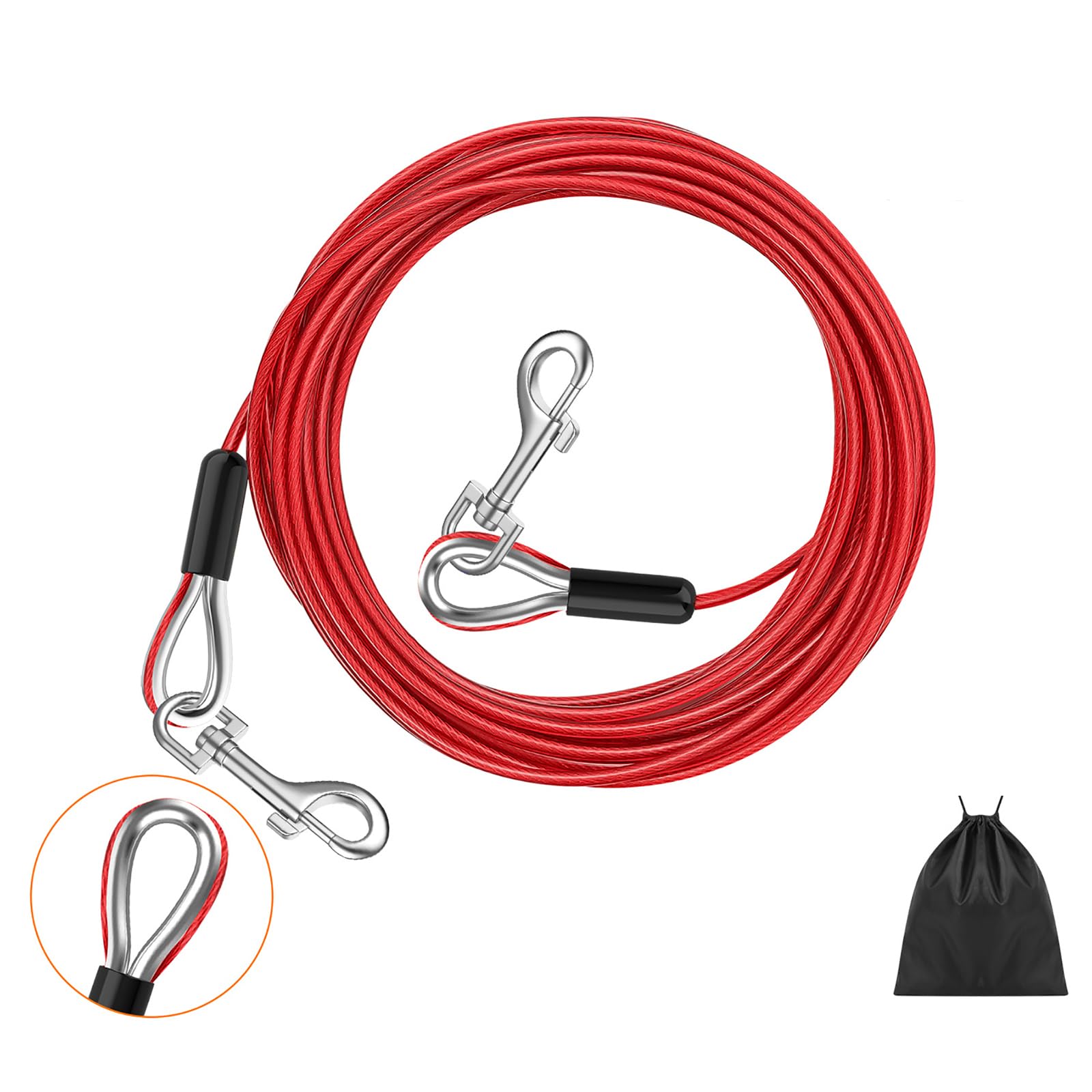 Pawaboo Cable de Amarre para Perros, 3m Cable para Atar Perros de Acero Resistente con Gancho Giratorio 360° y Resorte de Choque para Perros Pequeños y Grandes hasta 125 lbs Patio Acampada, Rojo