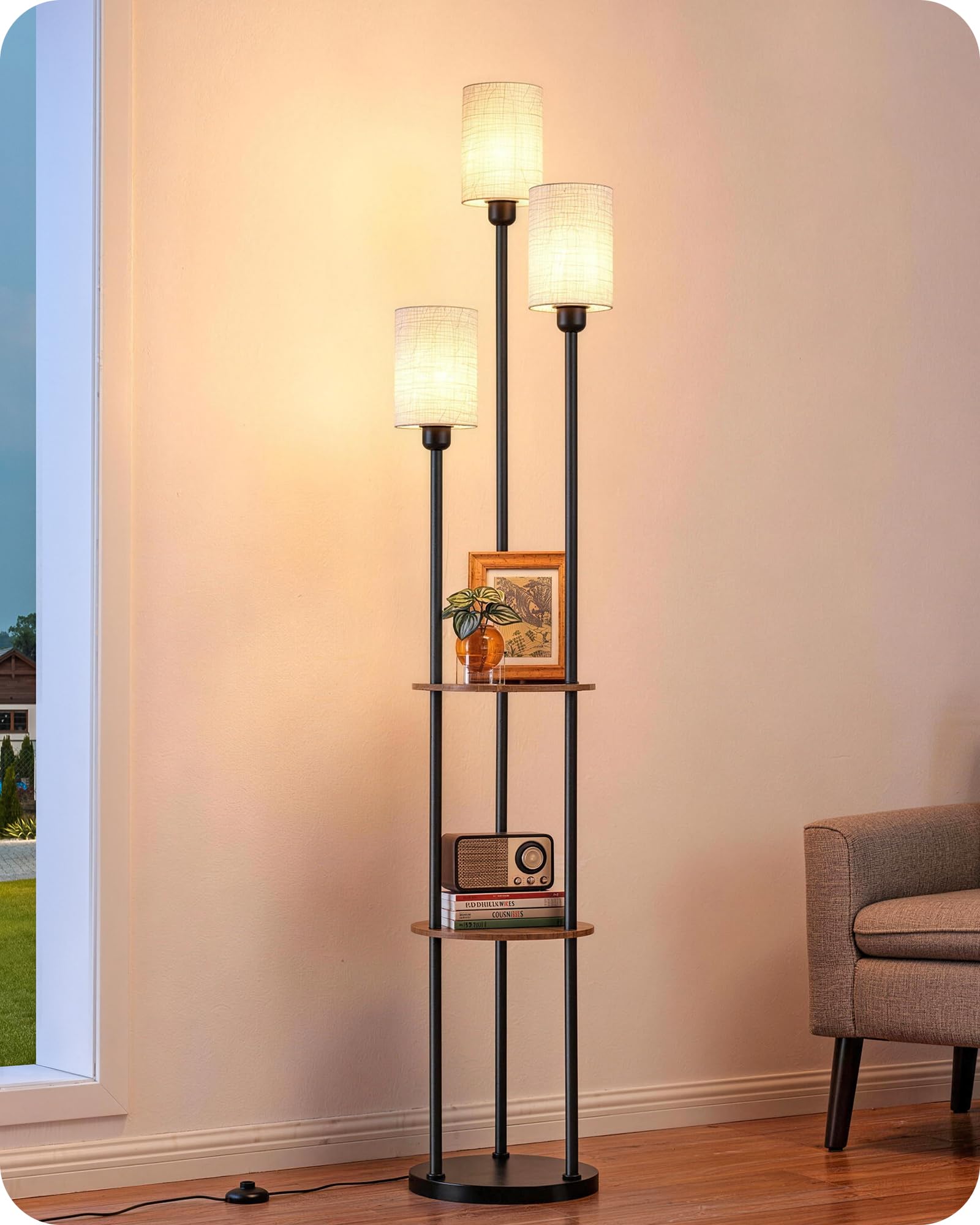 EDISHINE Lampadaire sur Pied pour Salon, Lampe sur Pied LED 3-Flamme avec Étagère et Abat-Jour en Lin, Douille E27, Ampoules Incluses, Lampe Moderne pour Chambre et Bureau, 178 cm