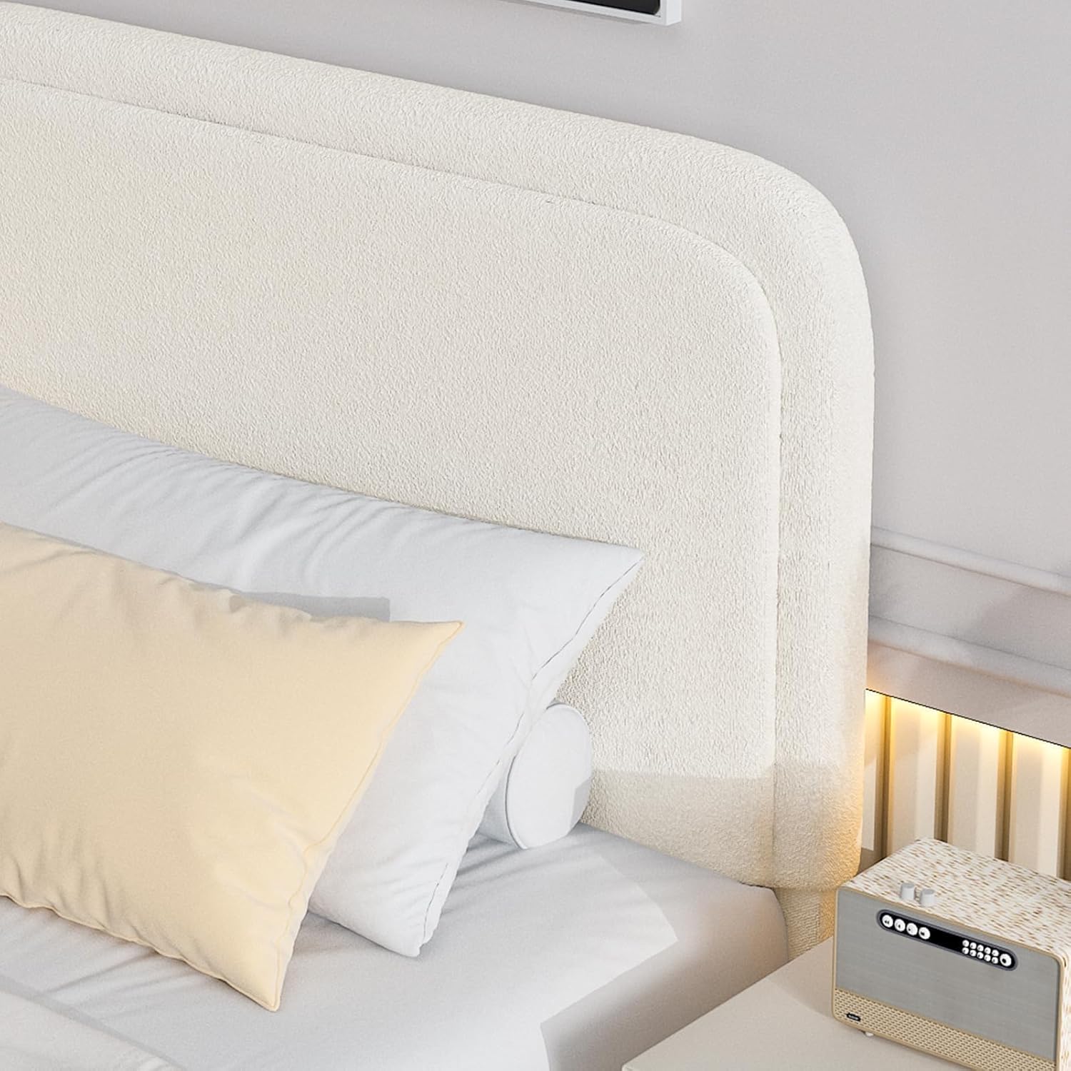 BarnFurin Boucle Upholstered Bed Frame King Size/Cloud Bed Frame/Soft Rounded Corners Headboard/Low Profile/No Box Spring Needed/Non-Slip and Noise-Free/Cream - Image 4