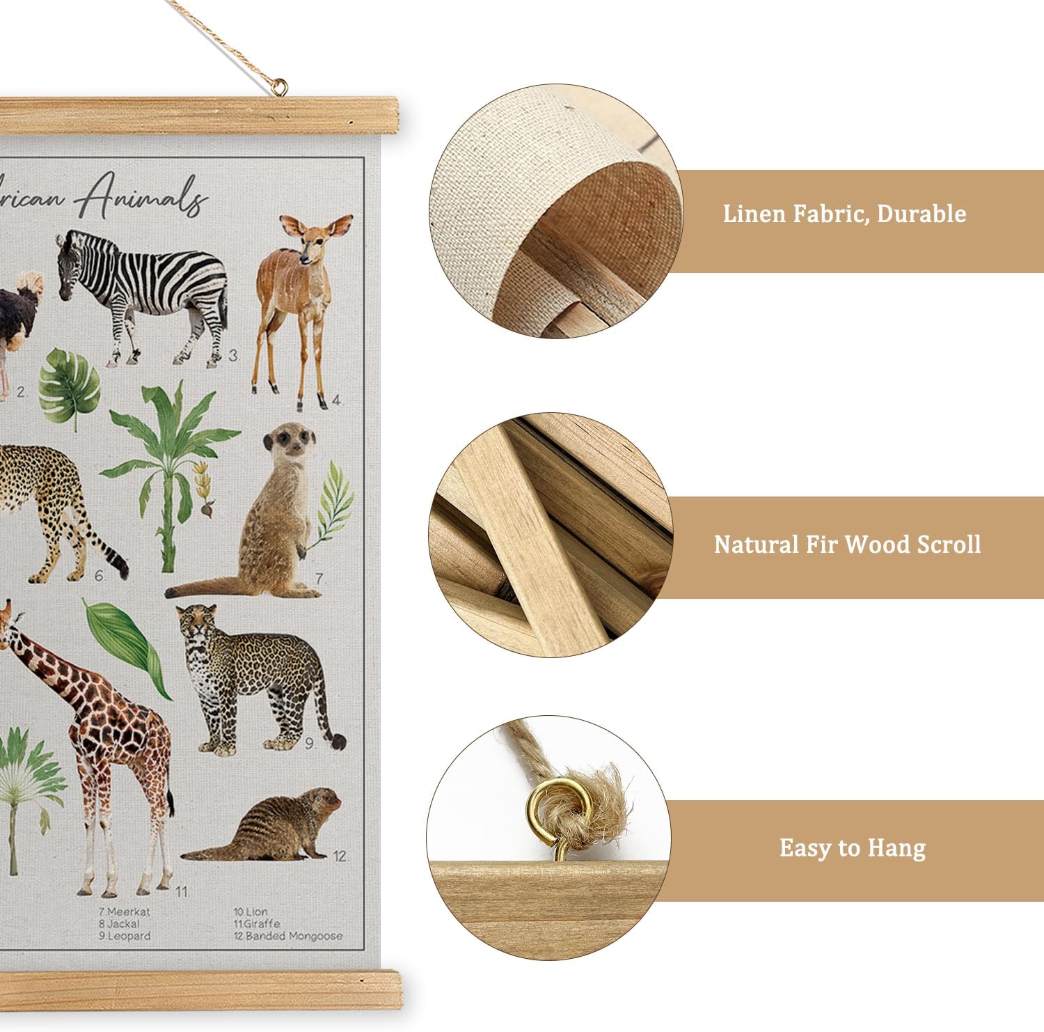 MIDEFINCH Vintage Wildlife Poster with Wooden Frame - Illustrated African Animals Chart - Exotic Fauna Art Print for Home and Classroom Decor - Educational Nature Wall Hanging 20 X 30 inches