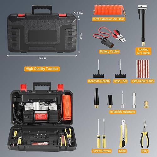 Miniatura 2 de GSPSCN inflador de neumáticos portátil con compresor de aire con calibre digital, bomba de neumático de doble cilindro de 12 V 150 PSI con kit de