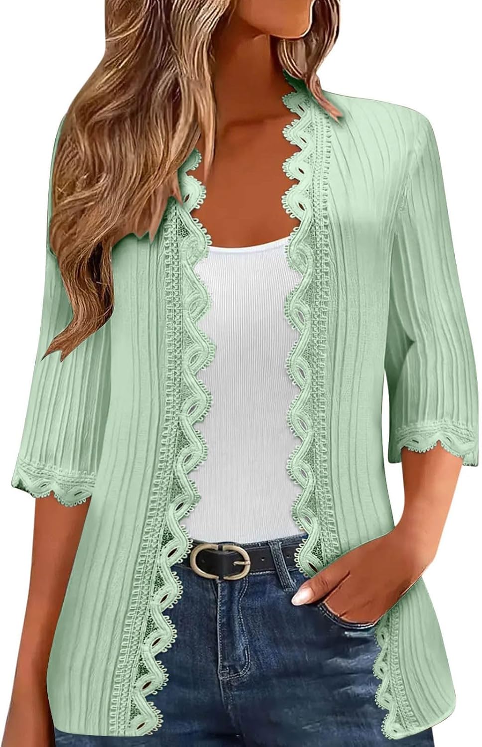 Lace Cardigans for Women 3/4 Length Sleeve Open Front Cardigan Lightweight Shrugs Sweater Casual Fall Outfits