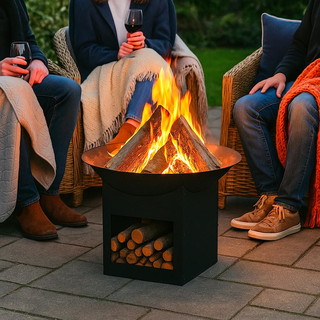 JSH Large 57cm Dia. Modern Square Fire Pit for Outdoors Garden and Patio | Round Black Metal Brazier | Durable | Multi-Purpose & Functional | Easy To Assemble | Lightweight Wood Burner With Log Store