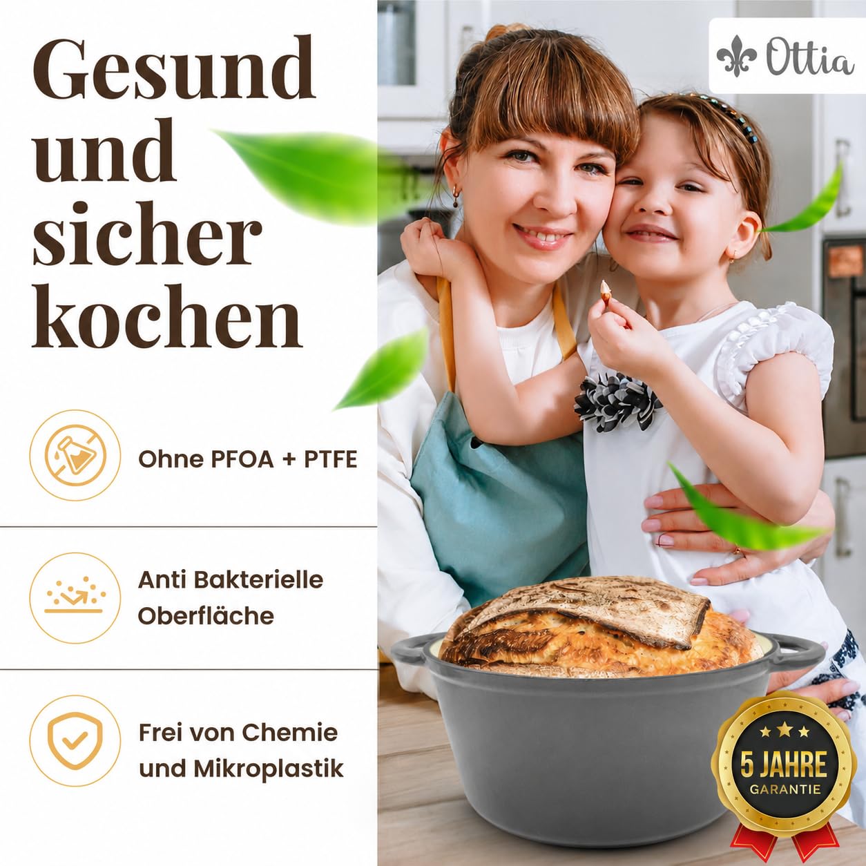 Ottia Gusseisen Topf [inkl. eBook] – Emaille Topf 26cm - Dutch Oven, Brotbackform, Brotbacktopf, Schmortopf Bräter mit Deckel, Bratentopf - auch für Induktion | Händler aus HH, Grau
