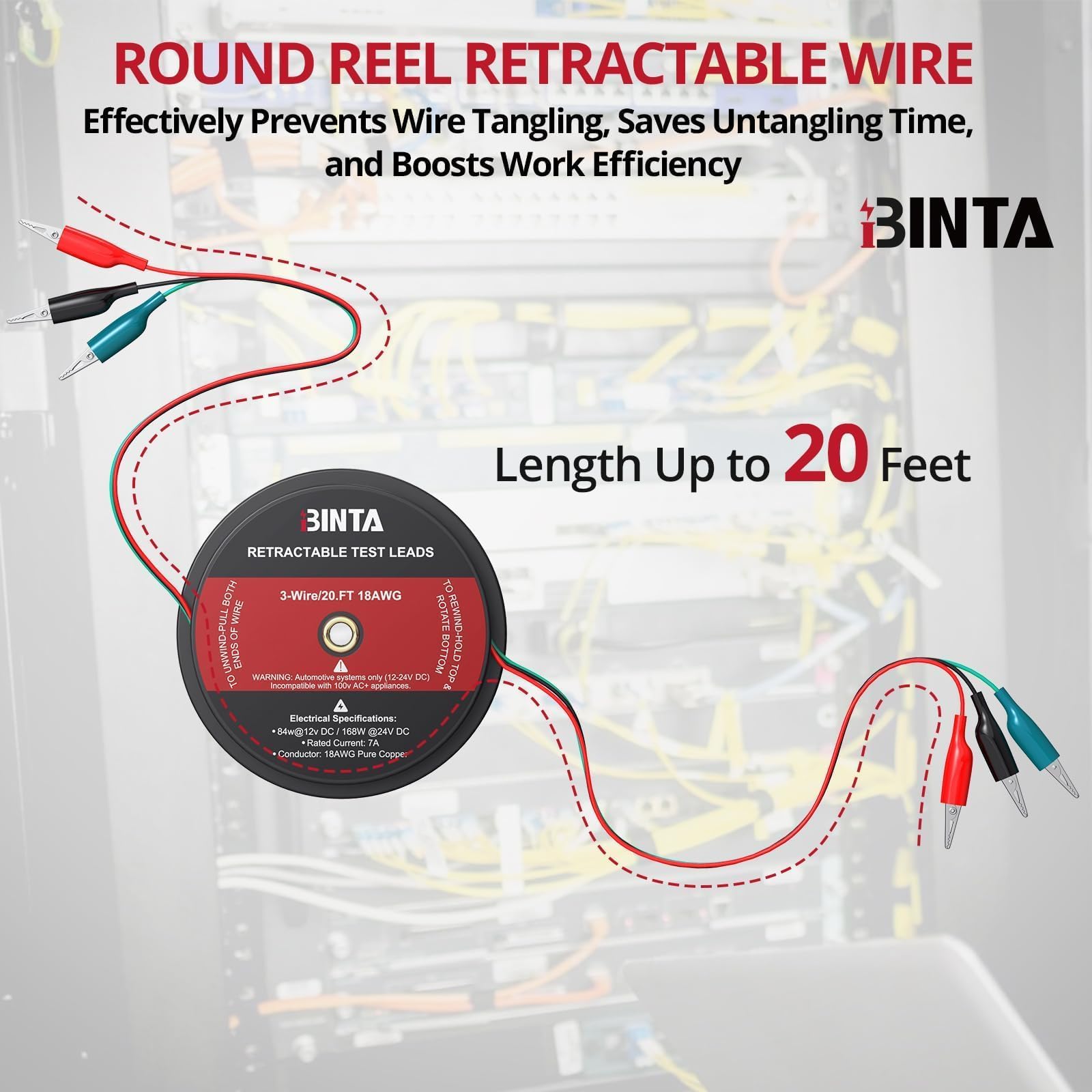 BINTA 3 Wire 20 Ft Retractable Test Leads, Red/Black/Blue Alligator Clips — Amazon image 2