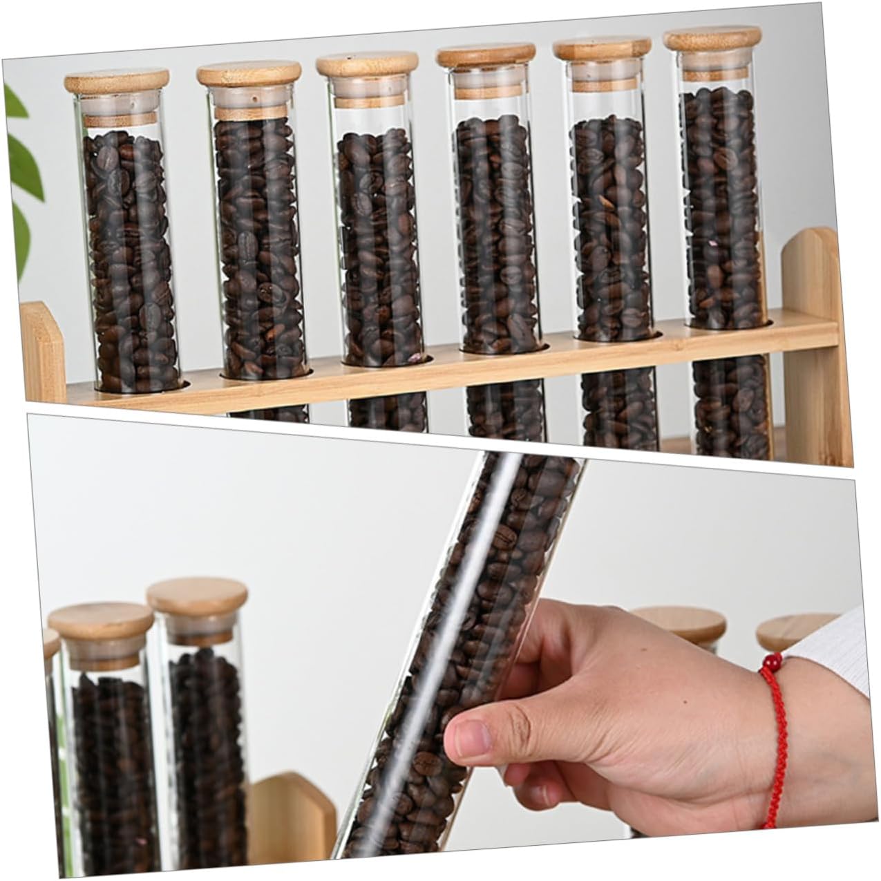 Coffee Bean Glass Storage Tubes with Airtight Lids and Wooden Display Stand Clear Glass Vials for Freshness Portable Sealed Canisters for Coffee Shops and Home Use