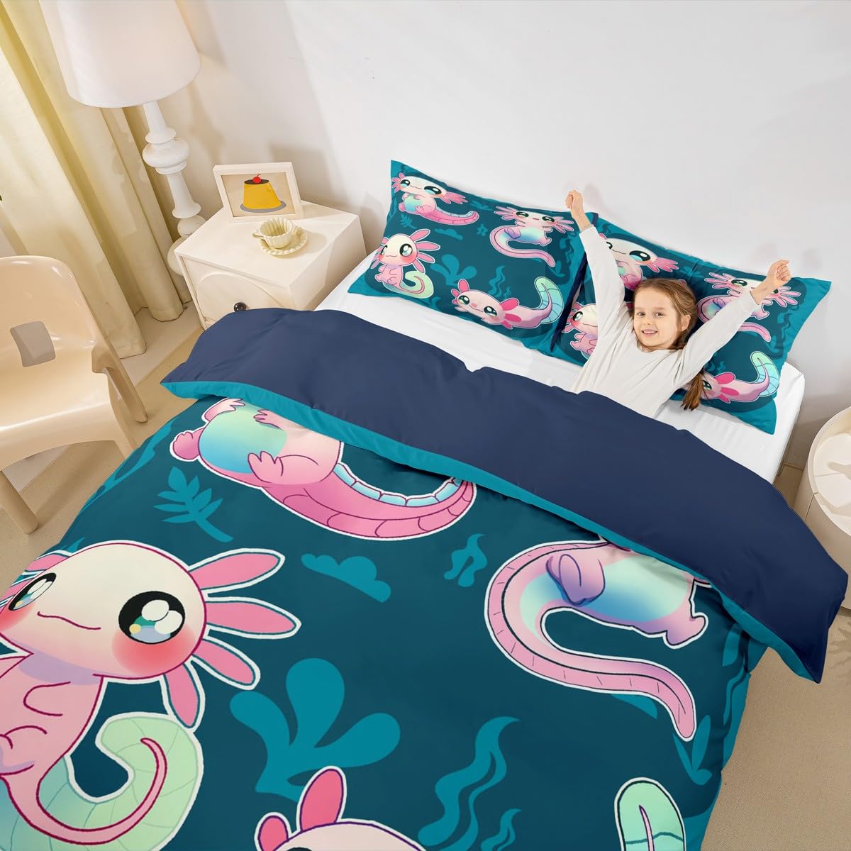 Feelyou Kids Axolotl Bedding Set - Full Size 7 Piece Comforter Set With Sheets, Colorful Cartoon