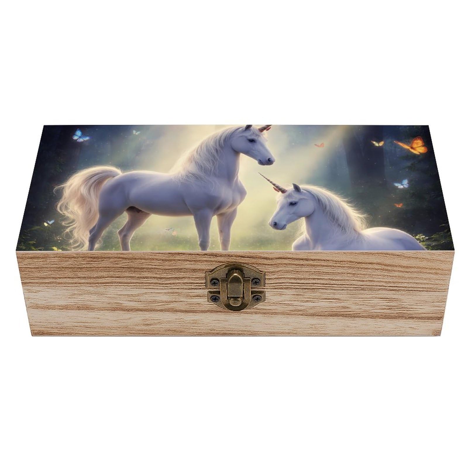 SMAZDFXX Love Unicorns Horses Arts Wooden Storage Box With Hinged Lid Decorative Front Clasp Keepsake Boxes