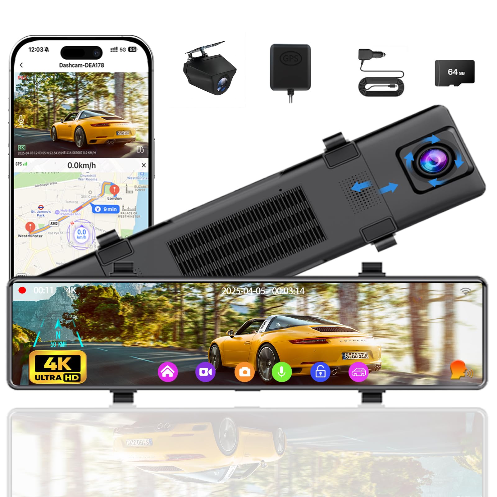 Photo 1 of 12" Mirror Dash Cam Front and Rear, 4K Dual Dashcam for Cars with Voice Control, WiFi ADAS&BSD&LCA, GPS, Reverse Assist, G-Sensor, 24 Parking Monitor, Free 64GB Card