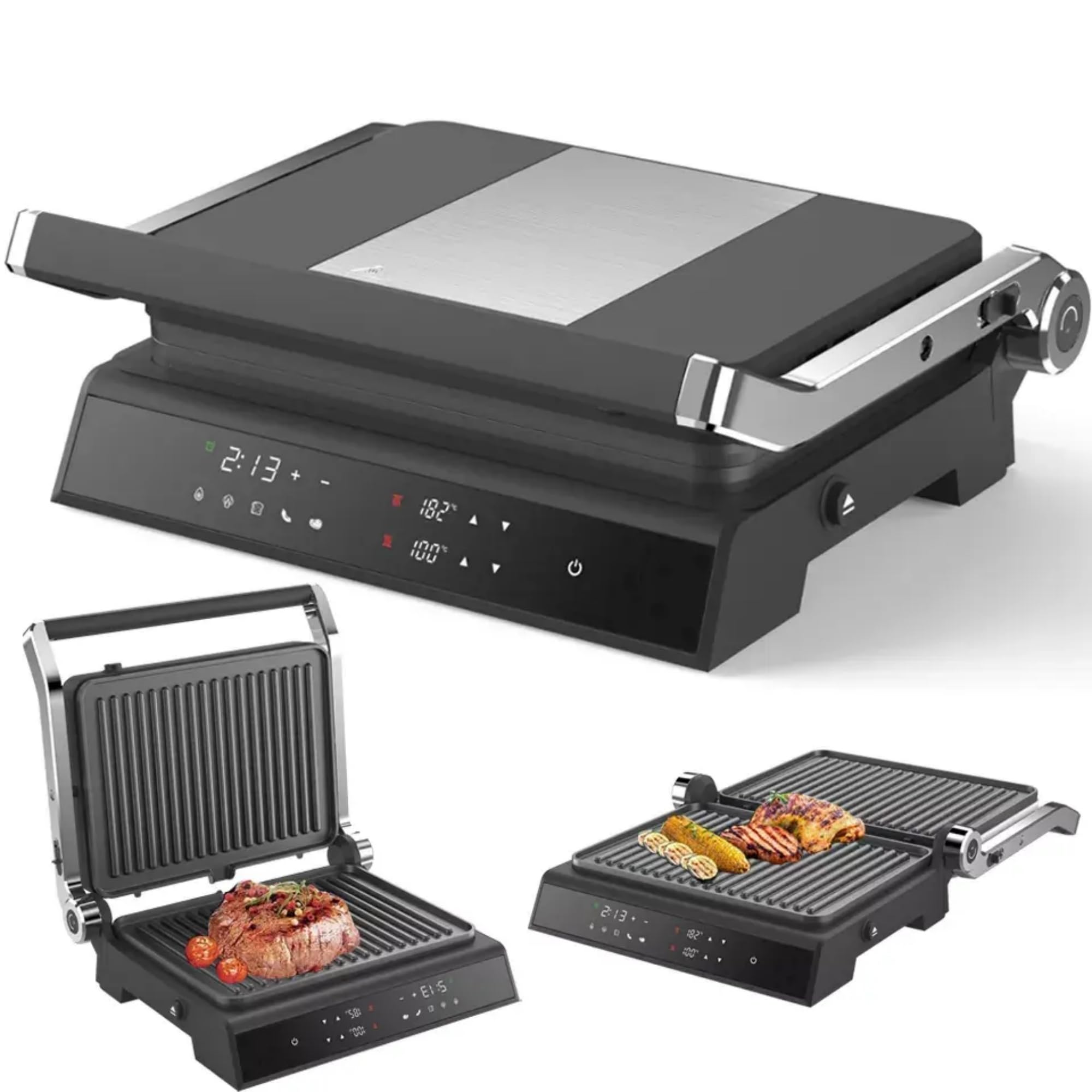 AUPLEX Panini Press Electric Press, Smokeless Electric BBQ Grill Toaster Pan Sandwich Maker Contact Grill with LED Display