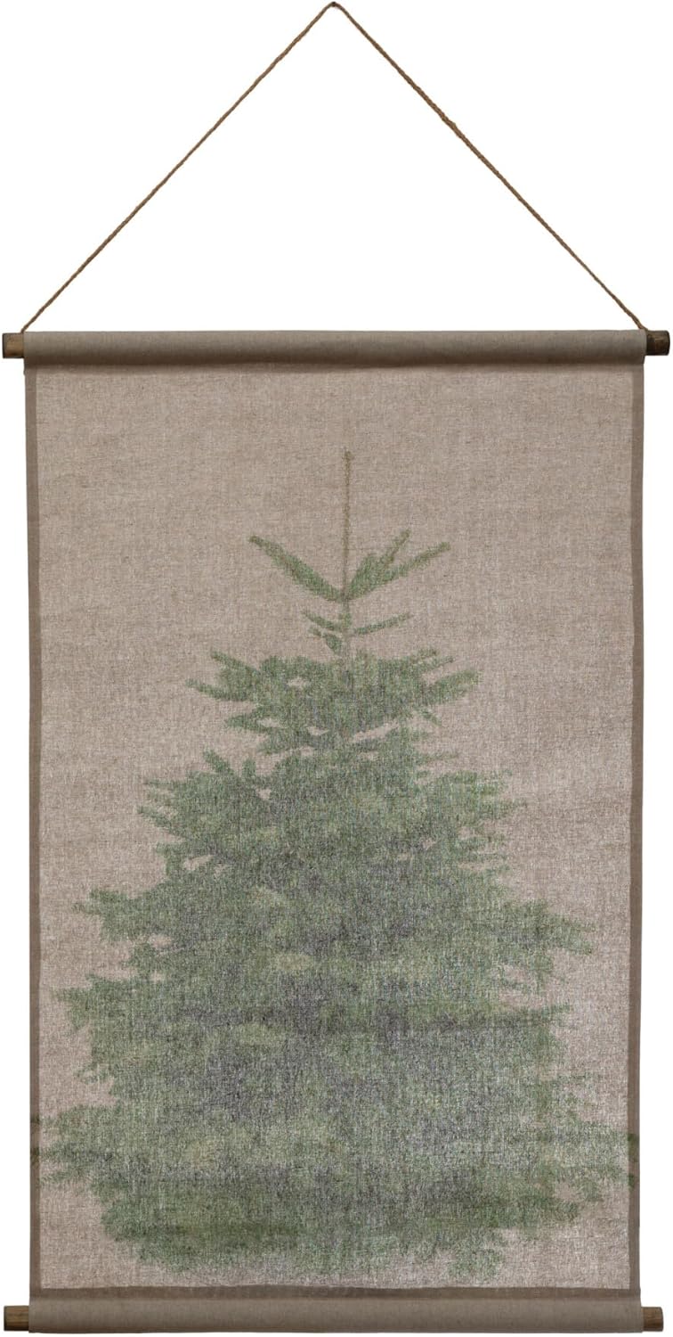 Creative Co-Op 25-1/4"W x 37-3/4"H Canvas & Wood Scroll Wall Décor w/Christmas Tree & Jute Hanger
