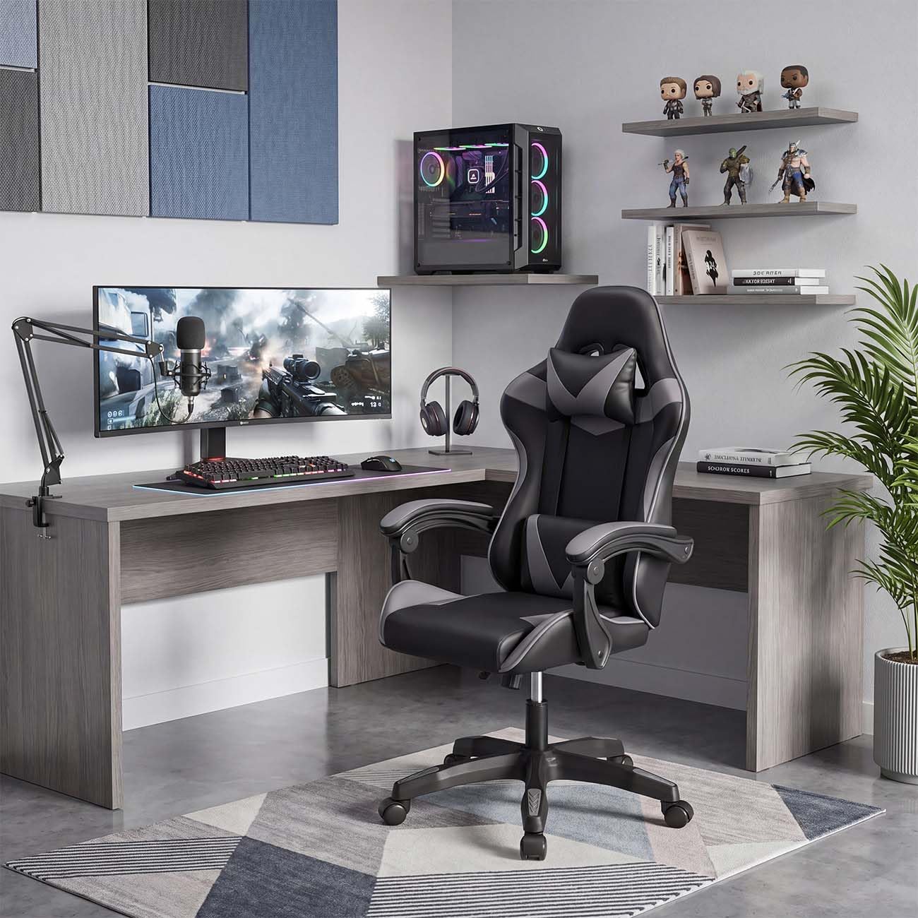 duehome | Silla Gaming Ergonómica Reclinable con Cojín Lumbar y Cervical, Ruedas 360°, Modelo Viper, Acabado en Negro y Gris, Medidas: 56 cm (Ancho) x 53 cm (Largo) x 117-128 cm (Alto)