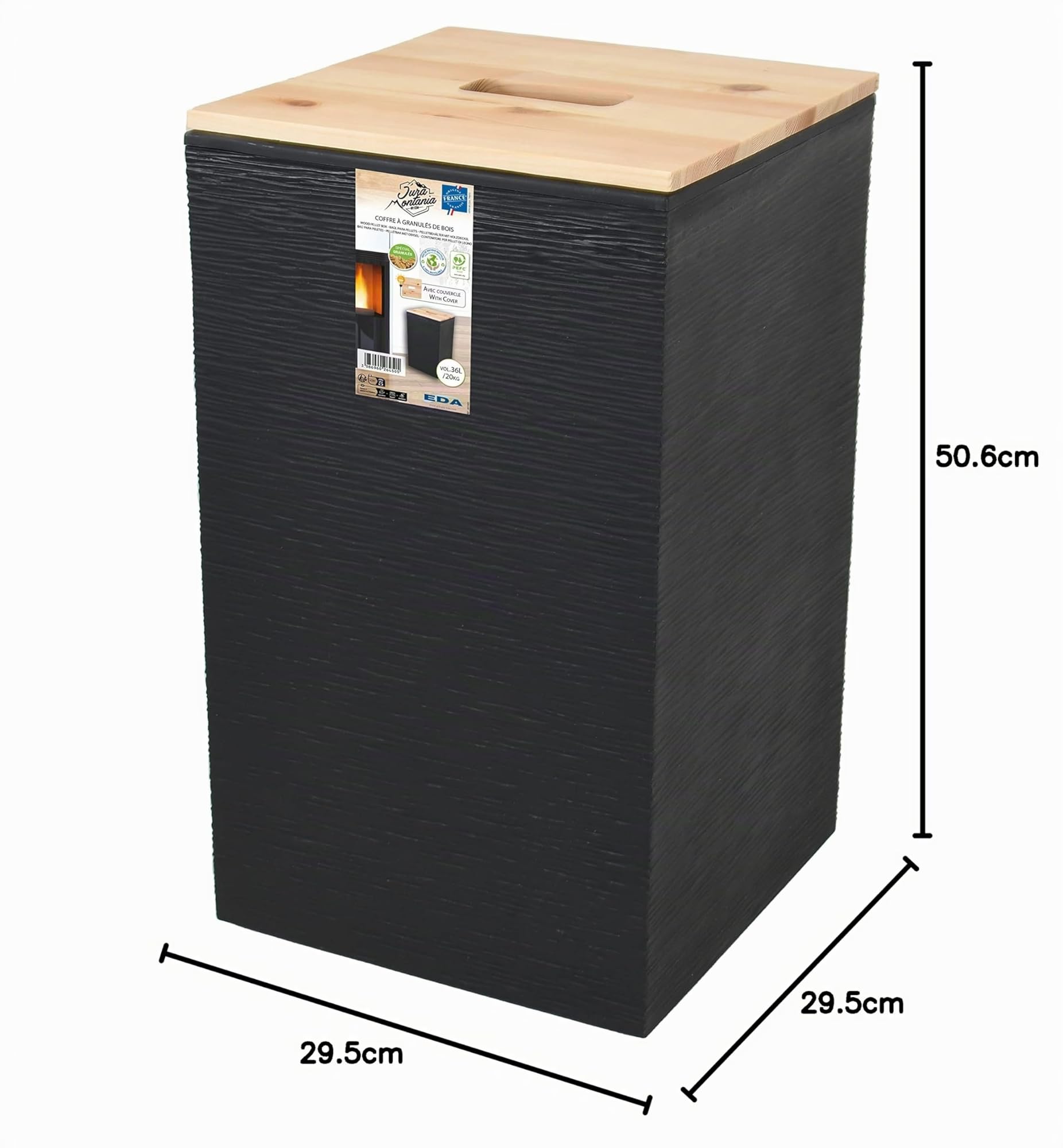 EDA - Baule per pellet Jura Montania STONE 36 L - per 20 kg di pellets - nero 29,5 x 29,5 x 50,6 cm