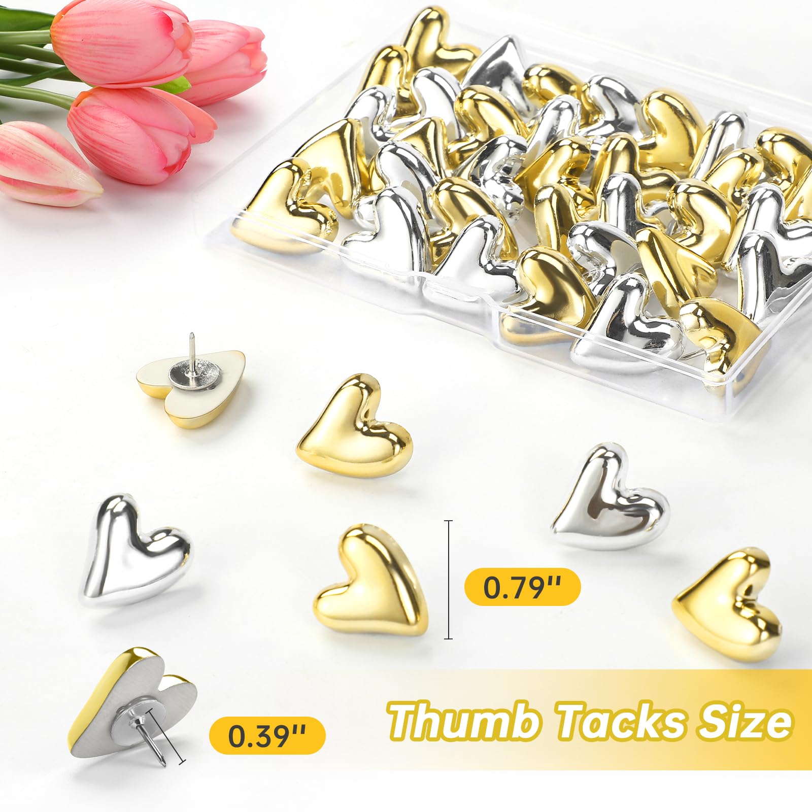 36 pines decorativos de corazón, tachuelas doradas y plateadas, chinchetas lindas para tablero de corcho, tablón de anuncios, accesorios de pared