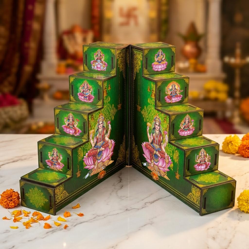 5 Steps MDF Diya Stand pair | 12 x 12 x 3.5 Inches Each | Traditional Deepam Stand for Diwali, Navratri, Varalakshmi vratam, Lakshmi Pooja & Home Temple Decoration (set of 2 pcs) (GREEN)-image-22