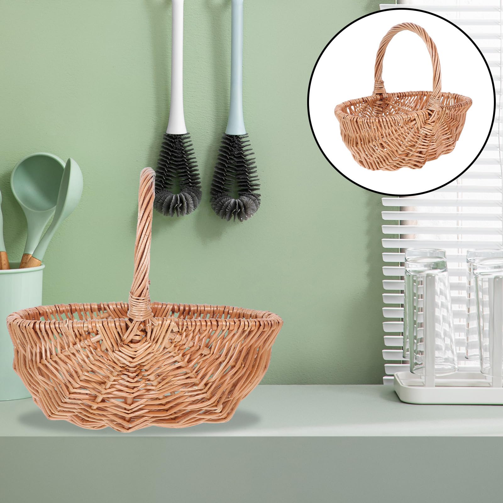 SEWACC Cesta de Mano Tejida de Mimbre 27 CM Pequeña Ovalada para Picnic Cesta para Recoger Huevos y Frutas para Verduras y Compras al Aire Libre
