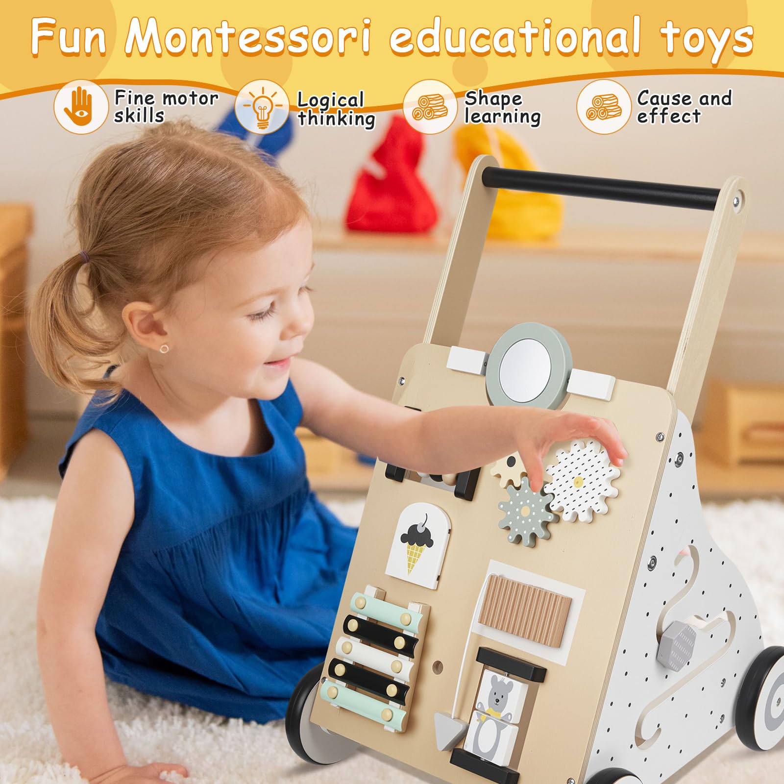 Lauflernwagen Baby,Aus Holz | Mit Activity,9 In 1 Lauflernhilfe Mit Montessori Spielzeug Multifunktion,Baby Walker Für Babys Ab 12 Monaten