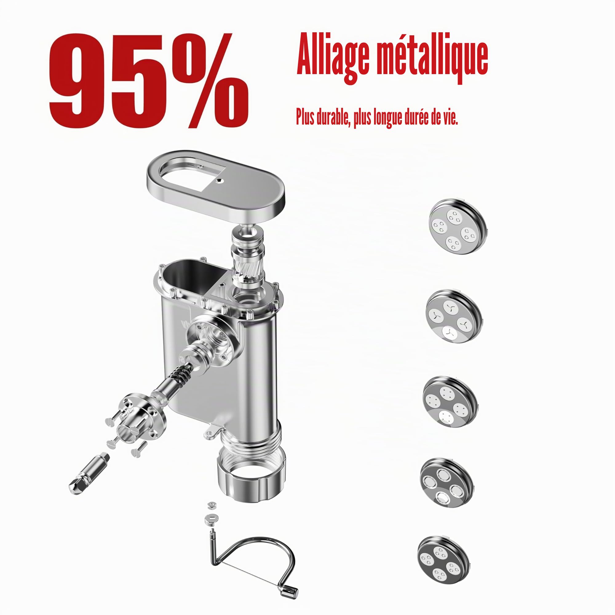 Eascandy Presse à pâtes gourmet en métal pour batteur KitchenAid - Accessoire durable en métal avec 5 plaques interchangeables pour pâtes fraîches maison