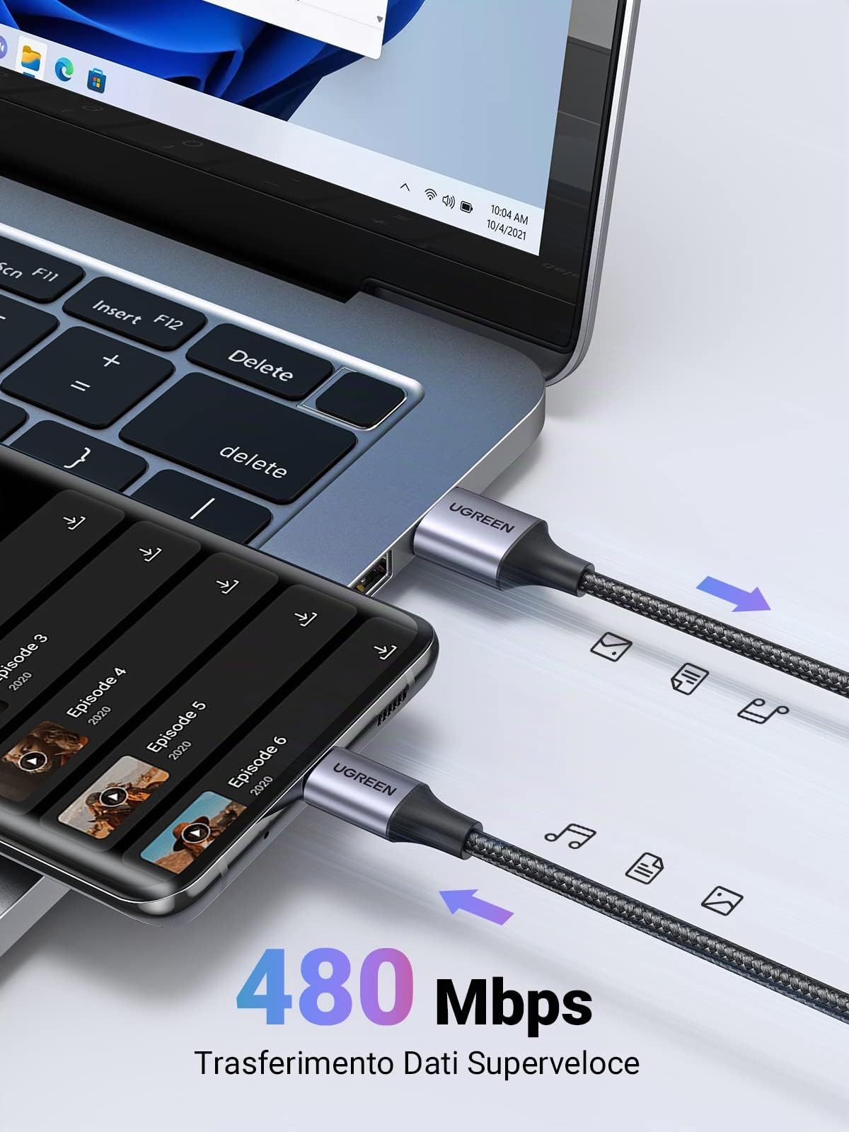UGREEN Cavo USB Type-C Ricarica Rapida 3A QC3.0 480Mbps Nylon Intrecciato 0.5M