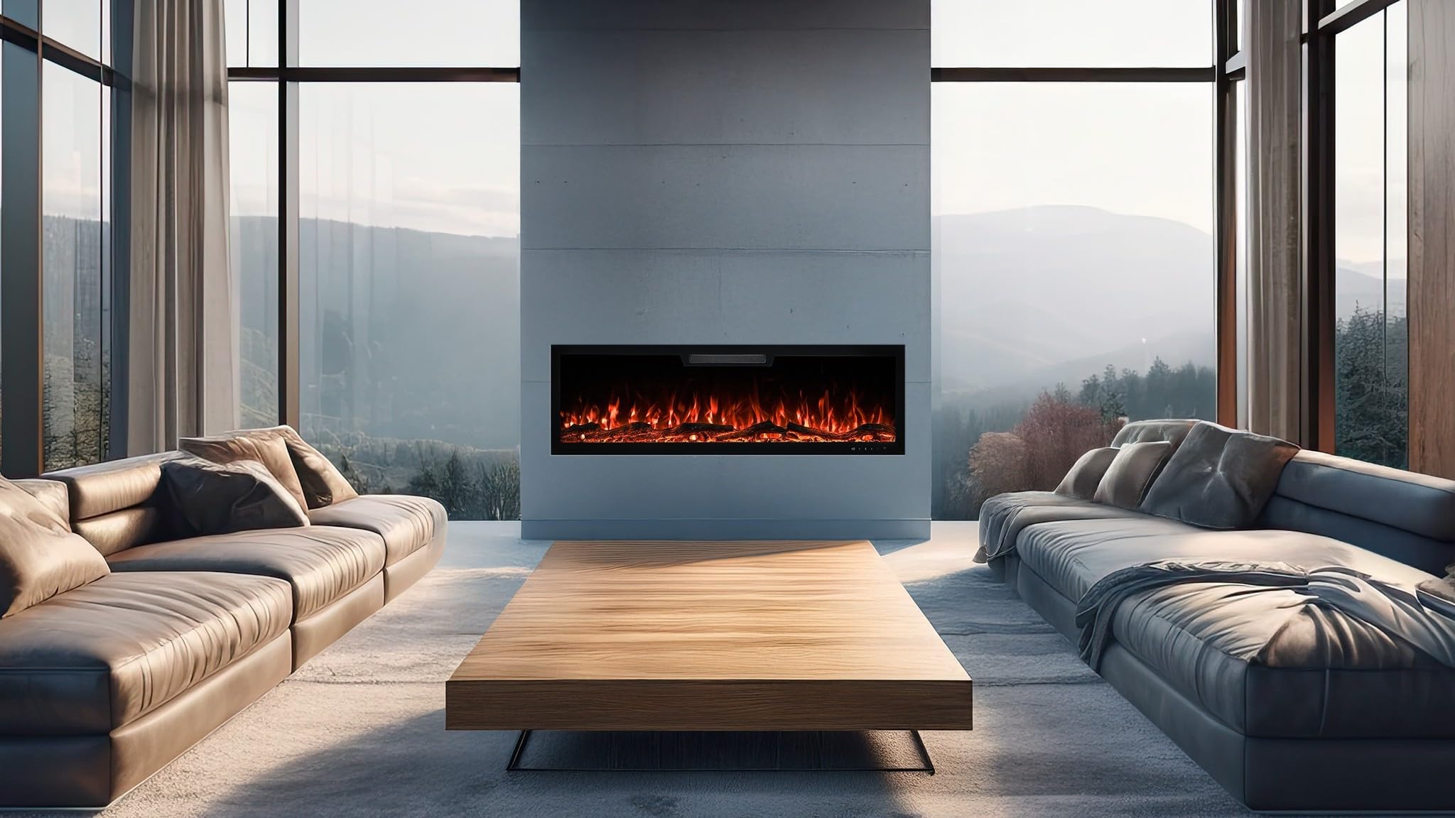 AFLAMO Chimenea Eléctrica LED Elite 153, Montaje en Pared, Efecto de Llama Multicolor, con Sonido y Calefacción (153x45x13)