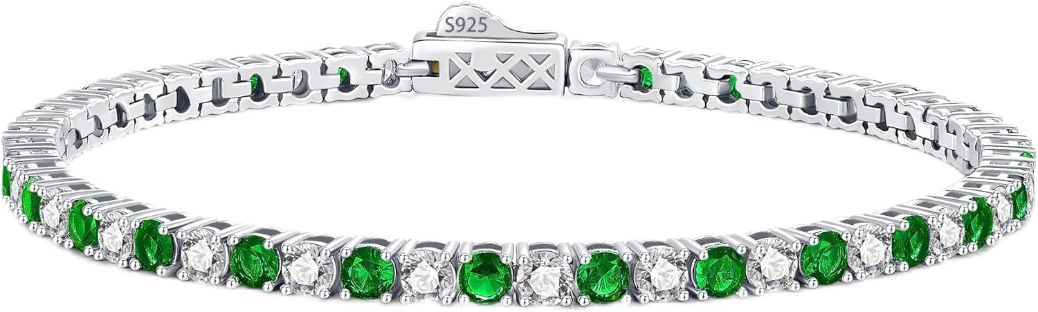 ETERMBOL Birthstone Bracelets for Women Birthday Gifts 3mm Sterling Silver White Gold Tennis Bracelets for Women Round Cut 5A Cubic Zirconia Jewelry for Her Mom Wife 7 Inch