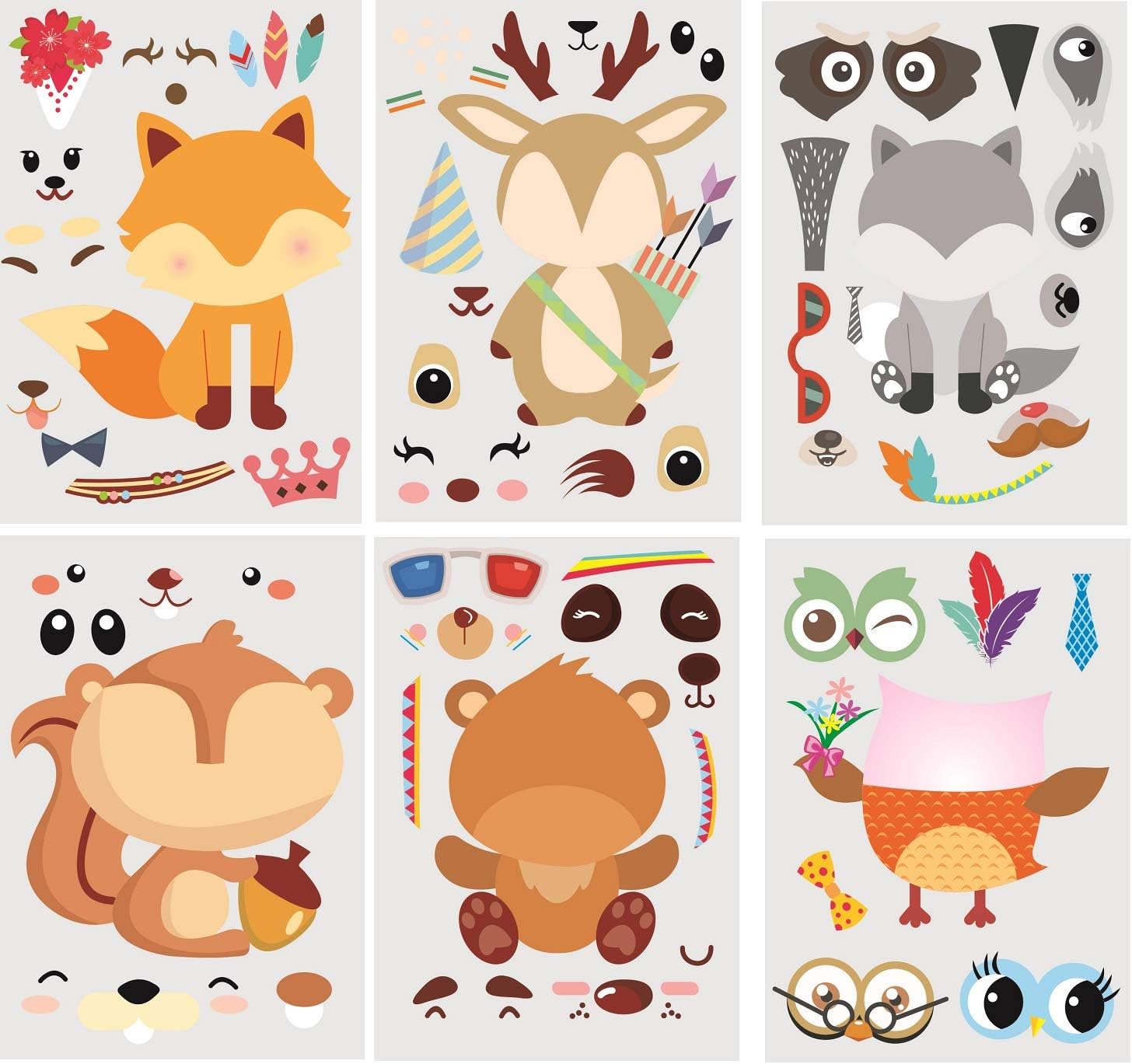 30Pack Make A Woodland Creatures Stickers - Party Supplies for Baby Showers & Birthdays, Includes Fox, Owl, Bear, Squirrel, Deer, Raccoon
