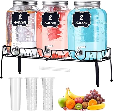 Lallisa 3 Pcs 2 Gallon Glass Drink Dispenser with Stand and Lid Mason Jar Beverage Dispenser with Stainless Steel Spigot, Hanging Chalkboard Signs, Fruit Infuse, Ice Cylinder, Liquid Pen Silver