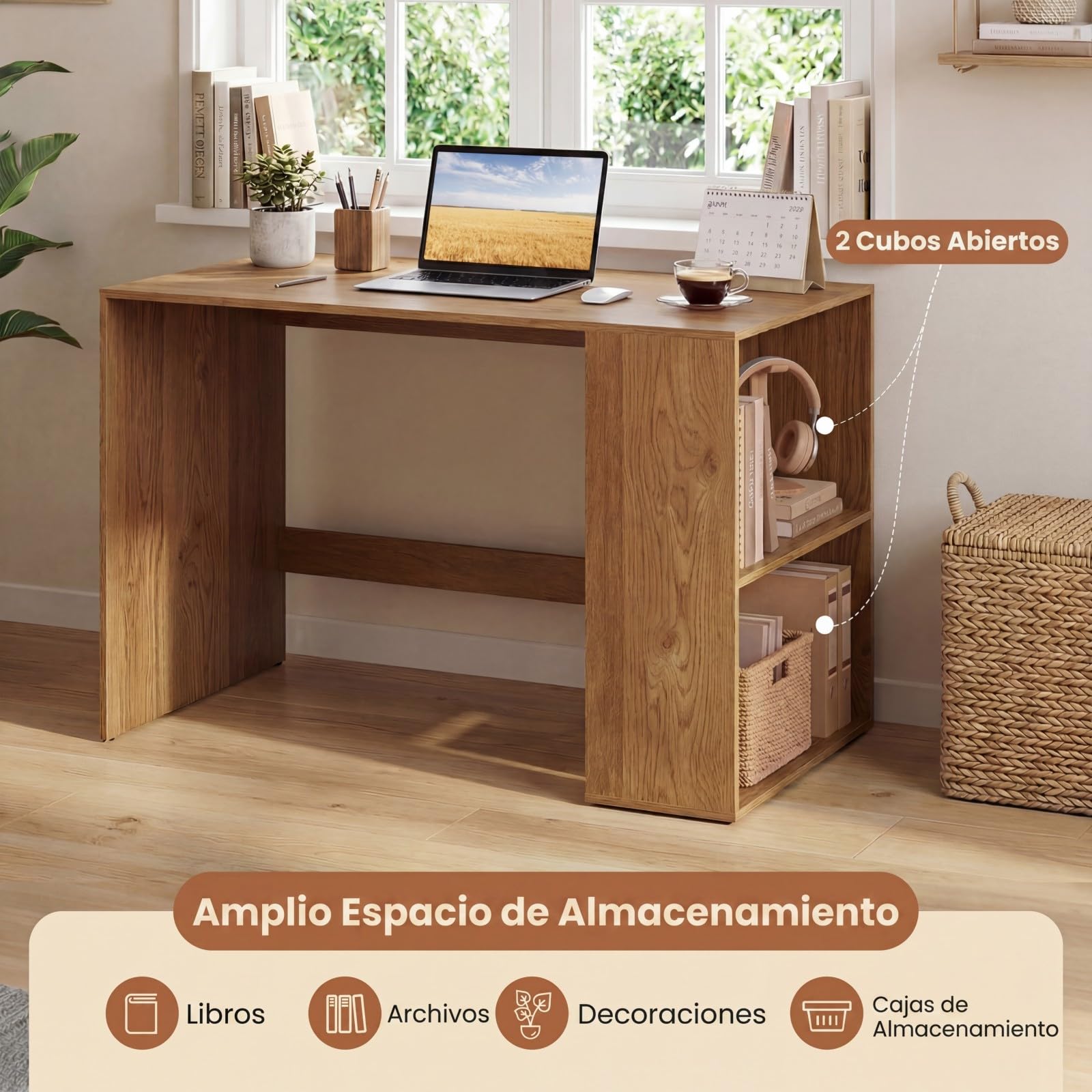 COSTWAY Escritorio con 2 Estantes Abiertos，112 x 60 cm, Mesa Escritorio Pequeño de Madera, Escritorio Ordenador Oficina despacho Dormitorio (Natural)