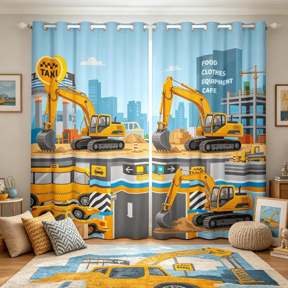 Loussiesd Kids Cartoon Excavator Window Curtains for Bedroom Living Room Boys Teens Construction Vehicles Cute Curtains Truck Car Window Drapes Machinery Window Treatments,W52*L90 — image 1