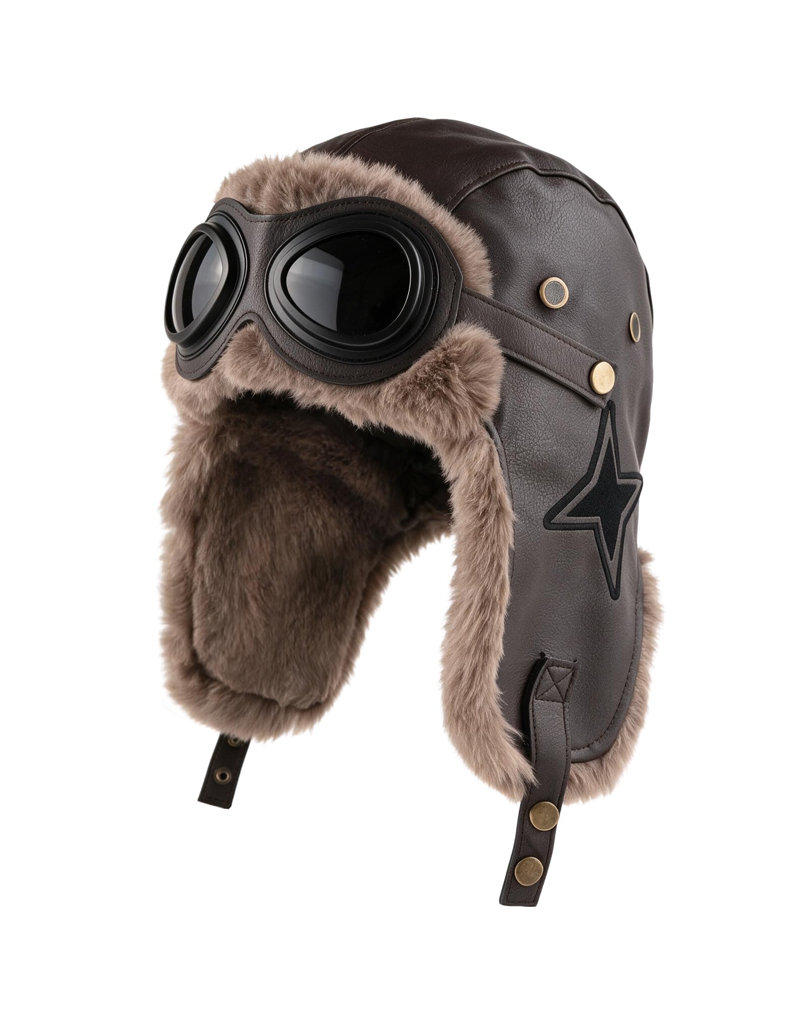 Peicees Leather Aviator Hat with Goggles Pilot Costume for Adult,Deep Brown