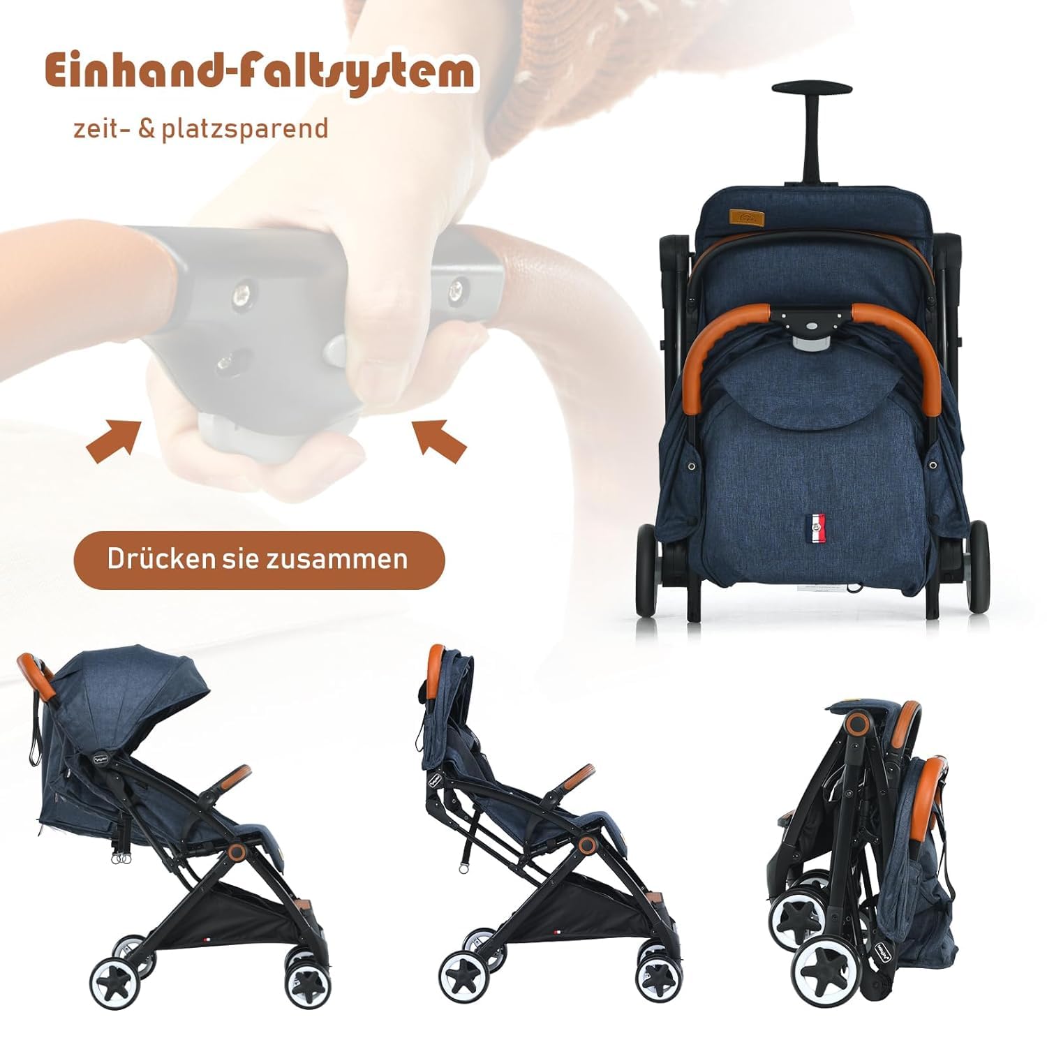 DREAMADE Kinderbuggy Klappbar mit Liegefunktion, Faltbar Buggy mit 5-Punkt-Sicherheitsgurt & Aufbewahrungskorb & Bremse, Kinderwagen für Baby 0-3 Jahren (Dunkelblau)