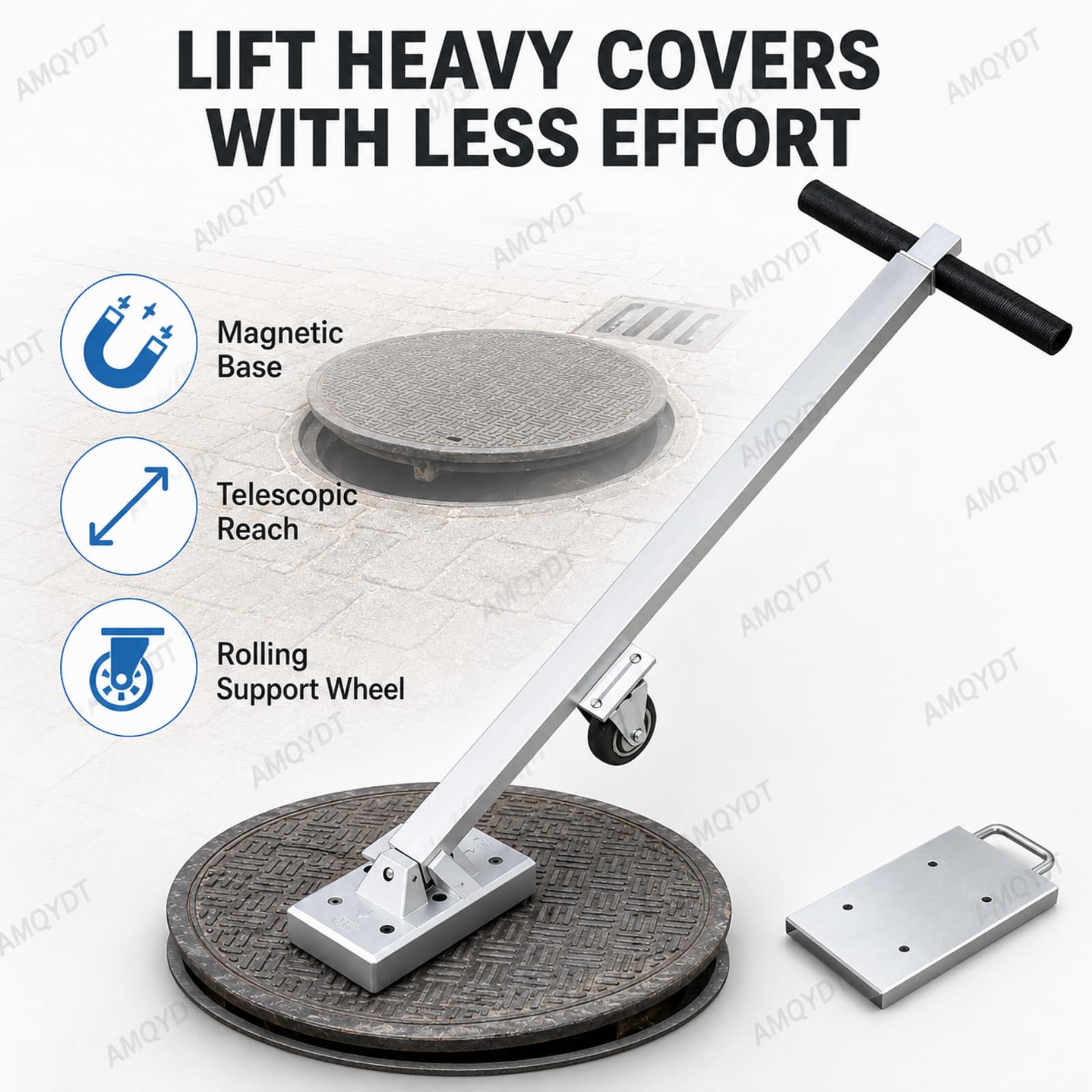Sollevatore Magnetico per Tombini, Sollevatore Magnetico per Tombini con Forza di Attrazione Magnetica Teorica di 270 kg / 595 Lb, Maniglia Retrattile da 605-1010 Mm per Coperchi in Ghisa