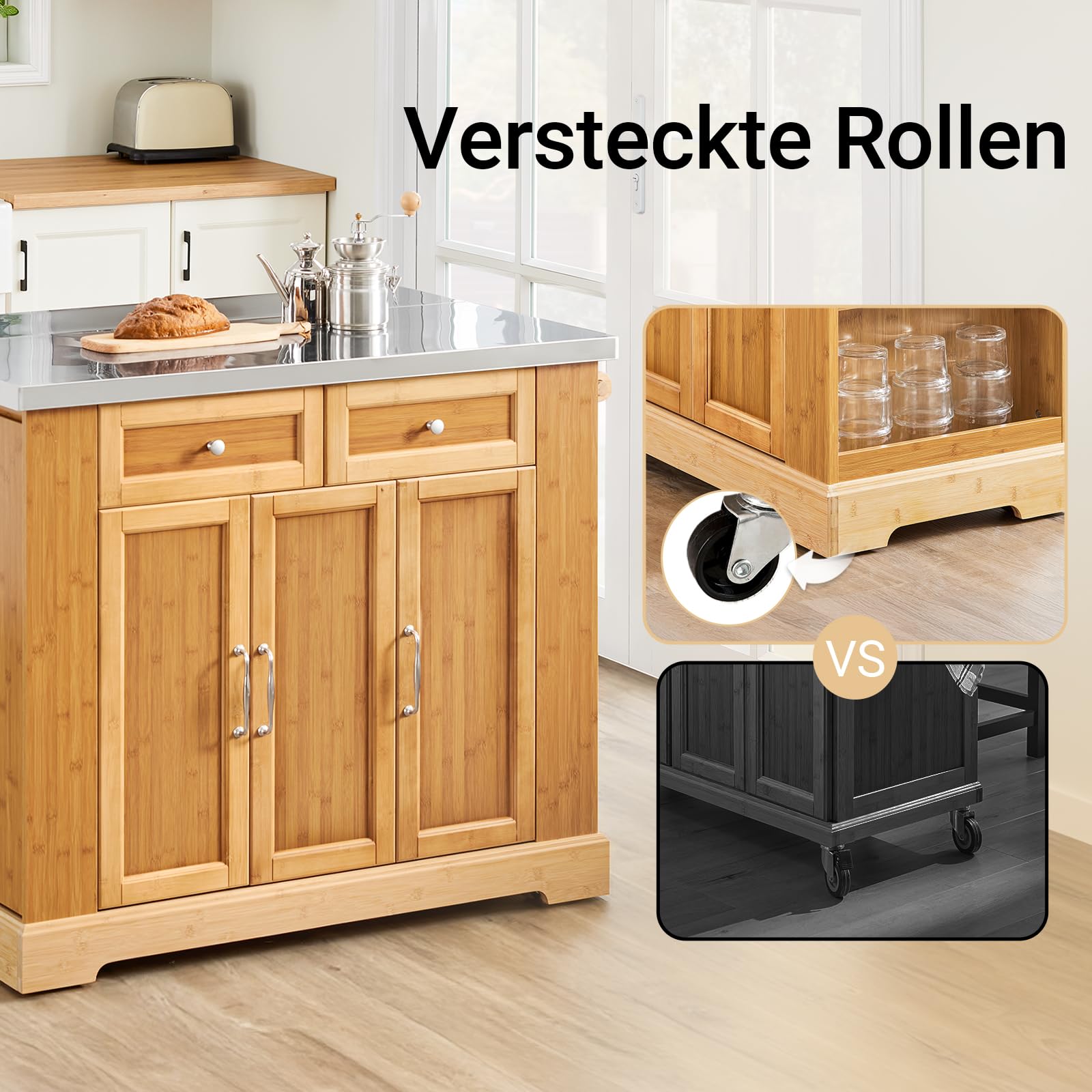 SoBuy Kücheninsel freistehend mit ausziehbarer Edelstahl-Arbeitsplatte – Küchenwagen mit Schubladen für Küche, Esszimmer und Garten, Innen- und Außenbereich, Naturholz, 107x92,5X(46–71) cm, FKW130-N
