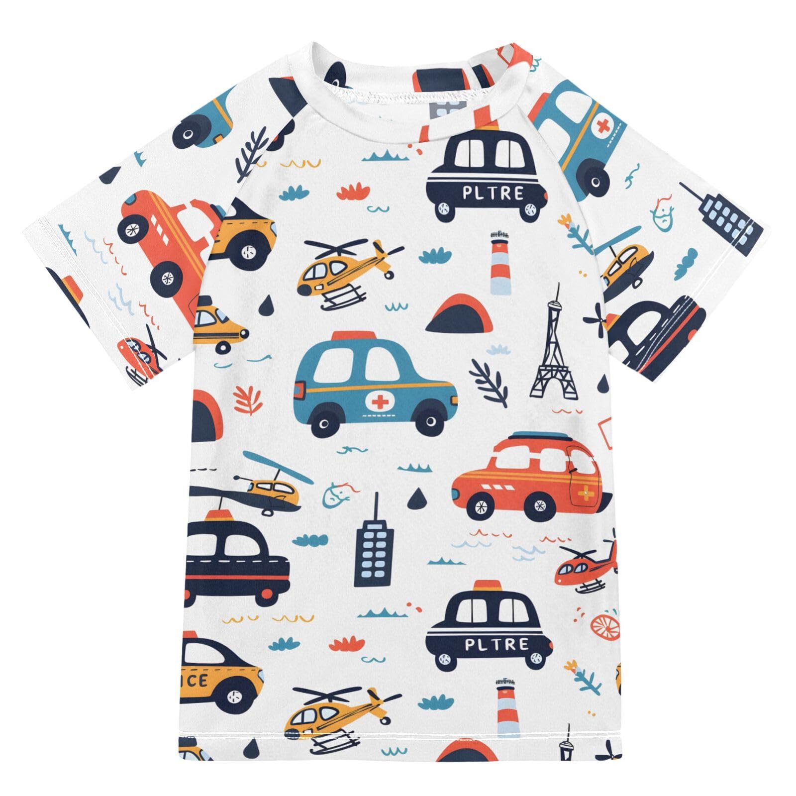 ALAZA Boys Swim Shirts Toddler Rash Guard Short Sleeve Rashguard Traffic Car Plane UPF 50+ 11-12T