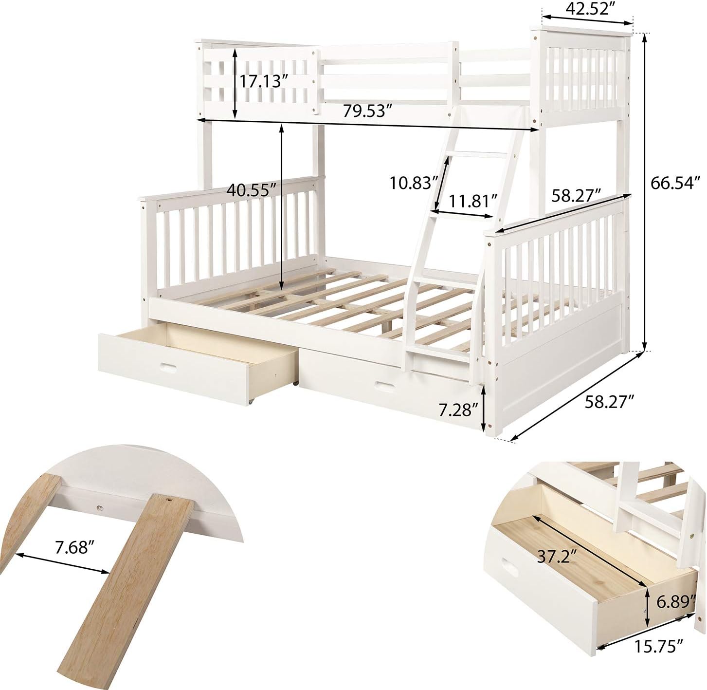 Diagram of ModernLuxe Twin-Over-Full Bunk Bed with dimensions