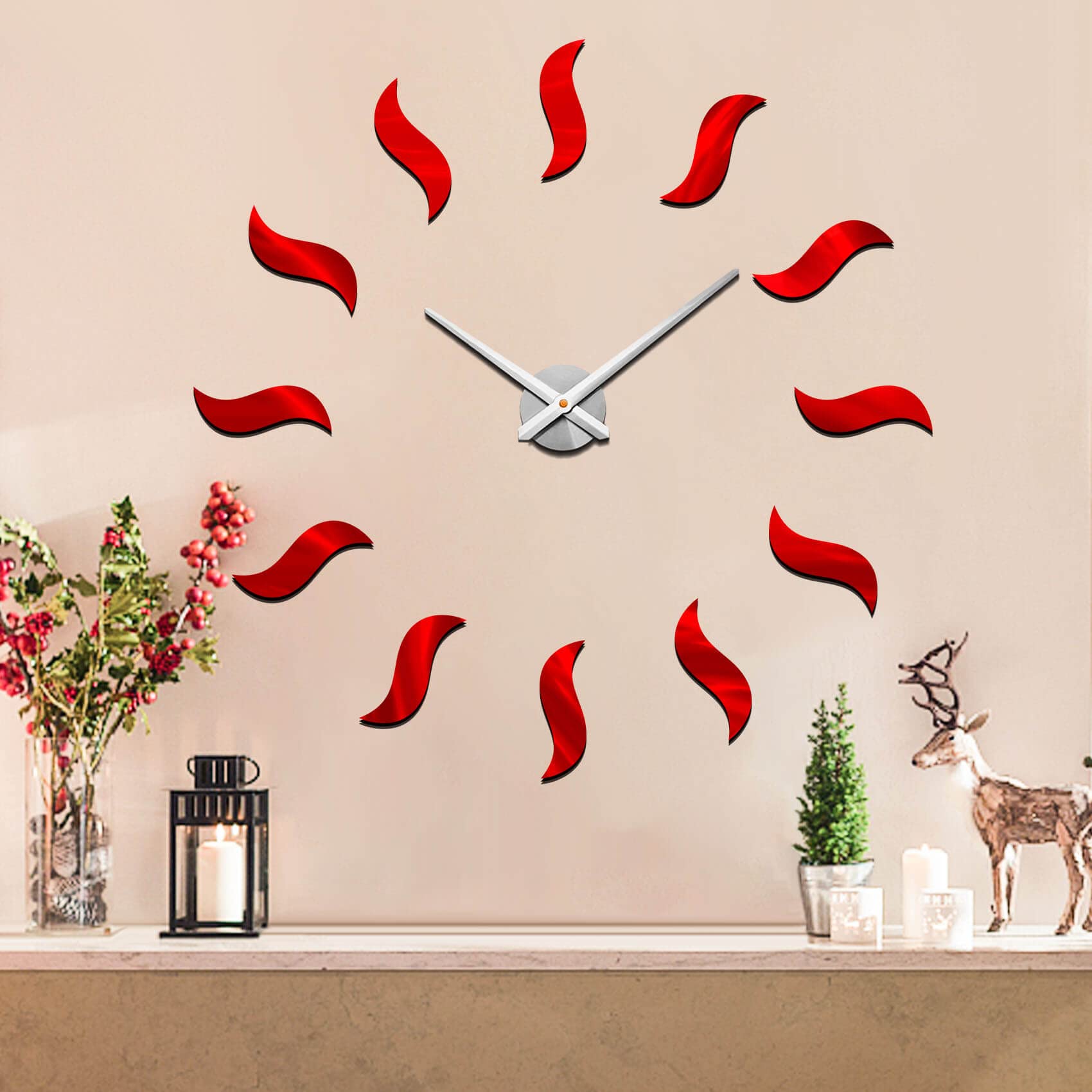 Mintime Modern Frameless DIY Wall Clock Large Red 3D Wall Watch Mirror Numbers for Home Office Decorations
