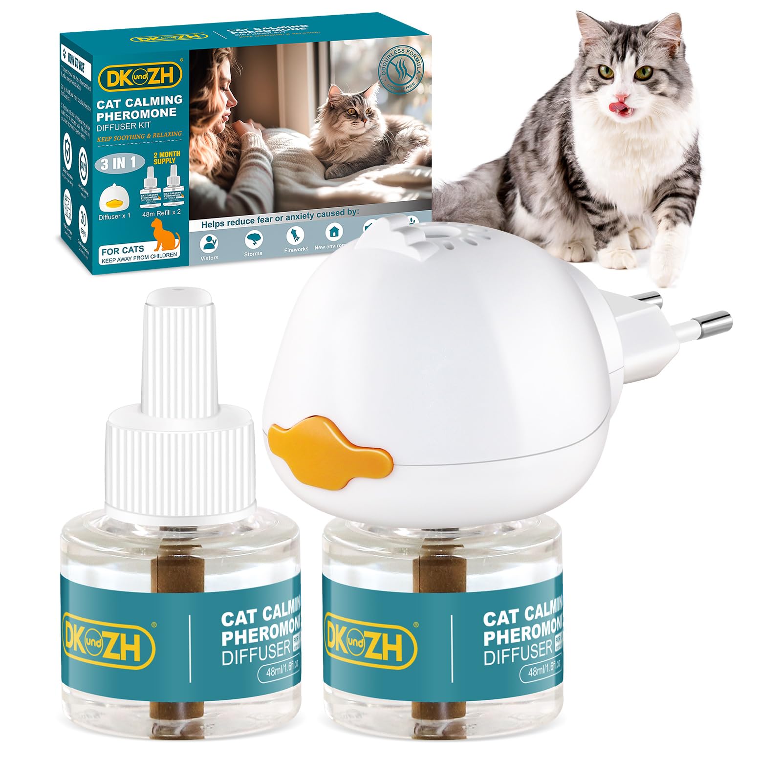 3 en 1 Diffuseur Pheromone pour Chat, 60 Jours Diffuseur Chat Anti Stress, Aide à Réduire l'anxiété, Le Stress, Le Grattage et Le Marquage Urinaire(1 Diffuseur + 2x48ml Recharges) (B)