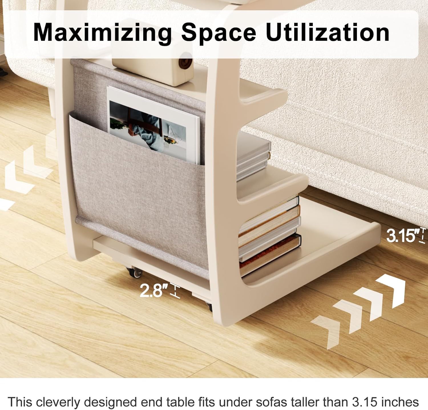 AQIMUELE Wooden C-Shaped End Table,Couch Desk with 2 Lockable Wheels,4-Tier Couch Table with Storage Bag,Small Rolling Side Table Tv Trays for Couch, Living Room,Bedroom (White)