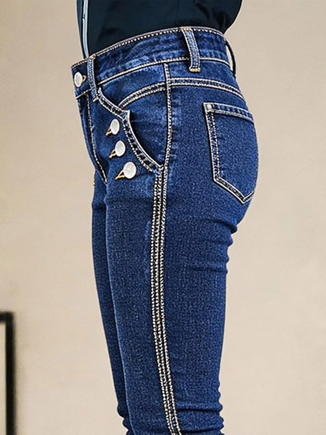 Flamingals Bootcut Mid Waist Dual Wash Button Decor Jeans for Women Butt Lifting Denim Pants - Image 3